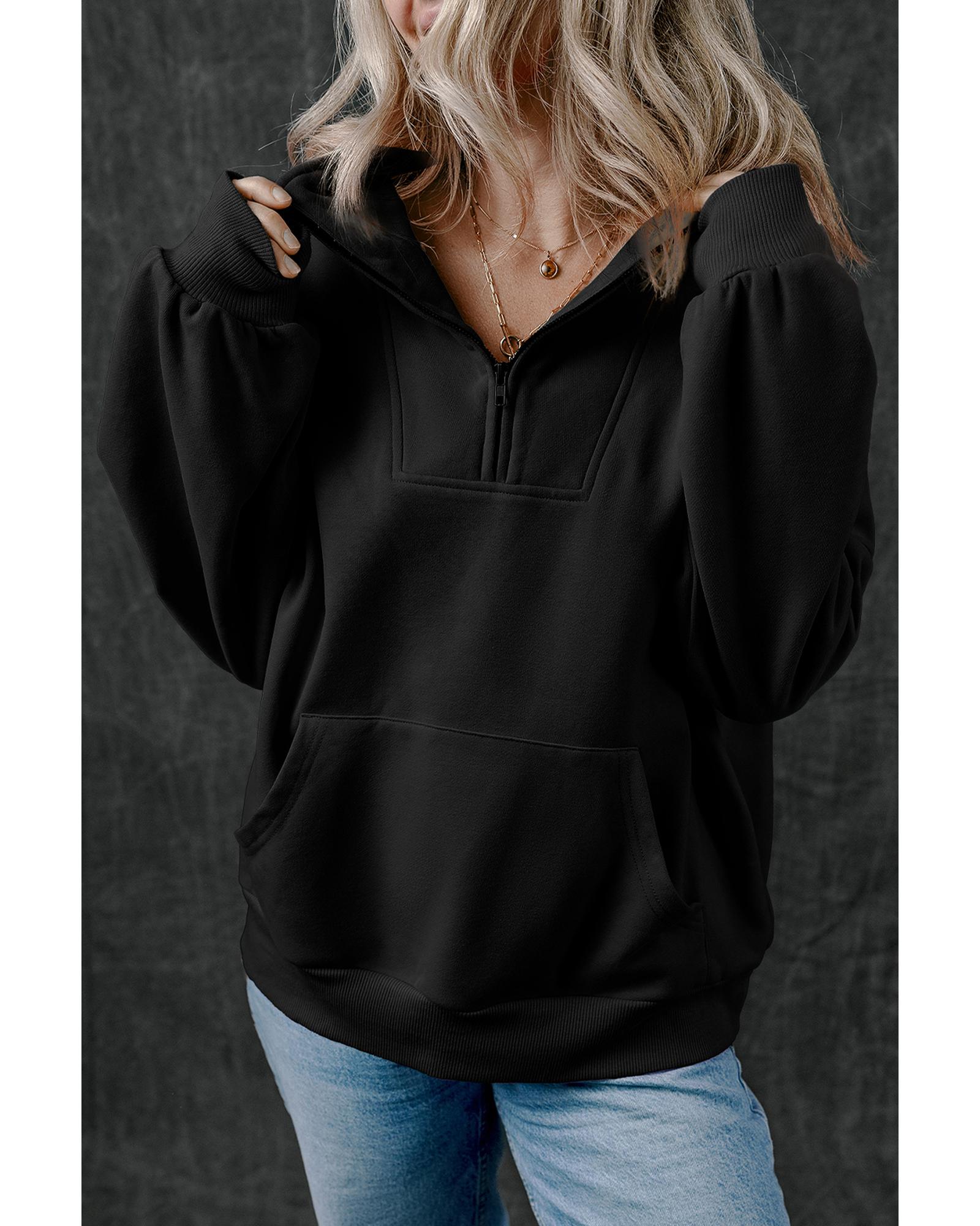 Black Zip-up Stand Neck Kangaroo Pocket Sweatshirt