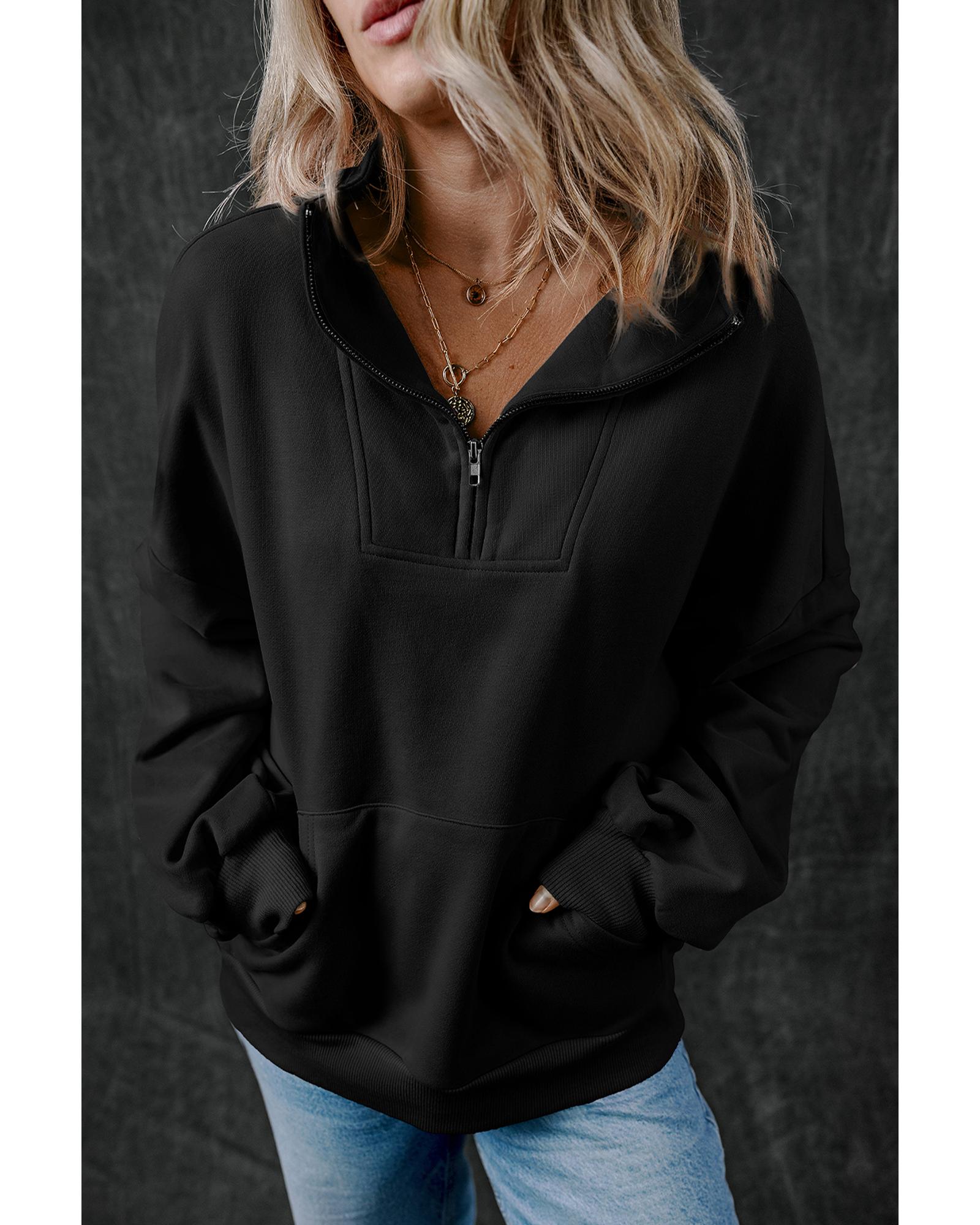 Black Zip-up Stand Neck Kangaroo Pocket Sweatshirt - Image 6