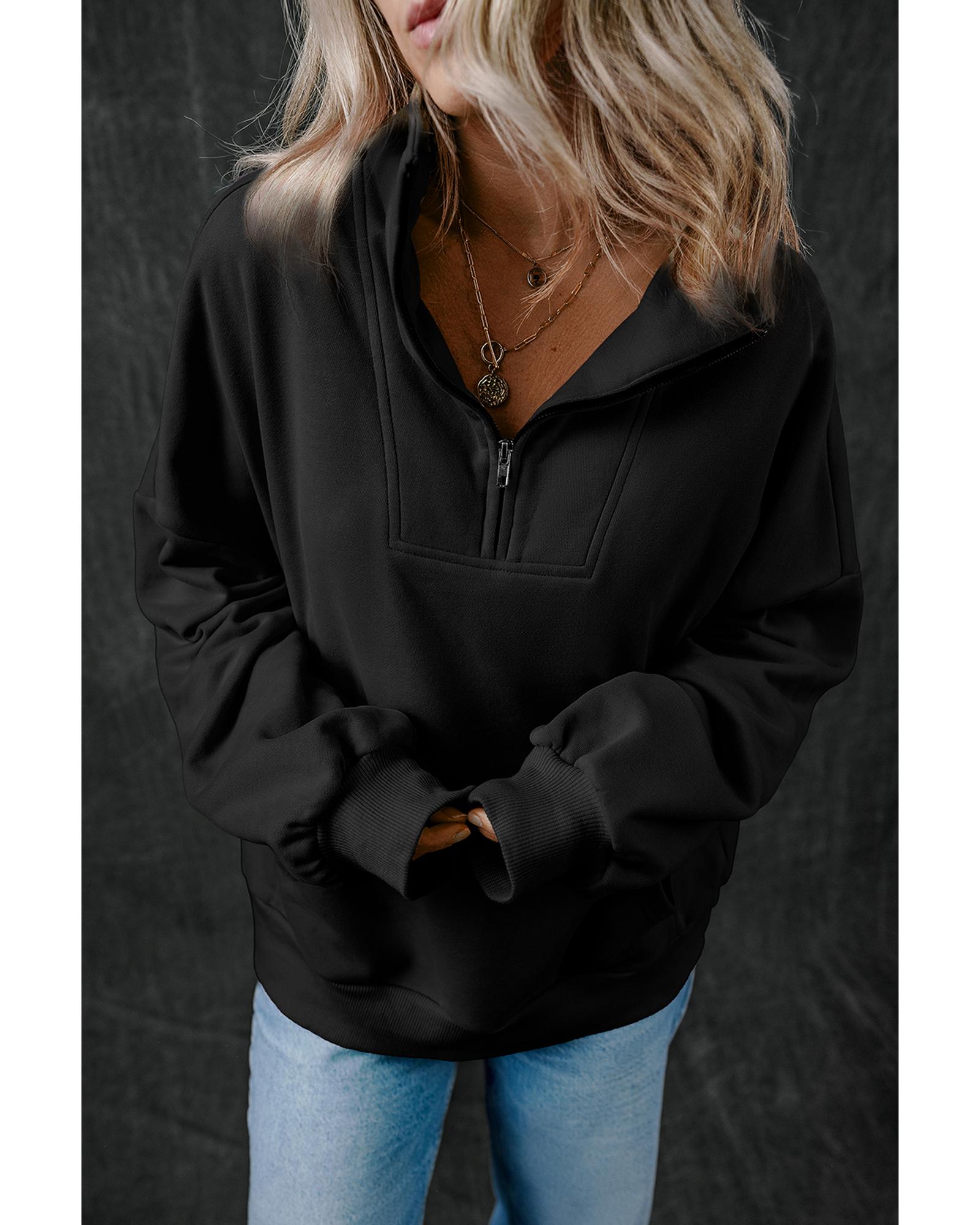 Black Zip-up Stand Neck Kangaroo Pocket Sweatshirt - Image 8