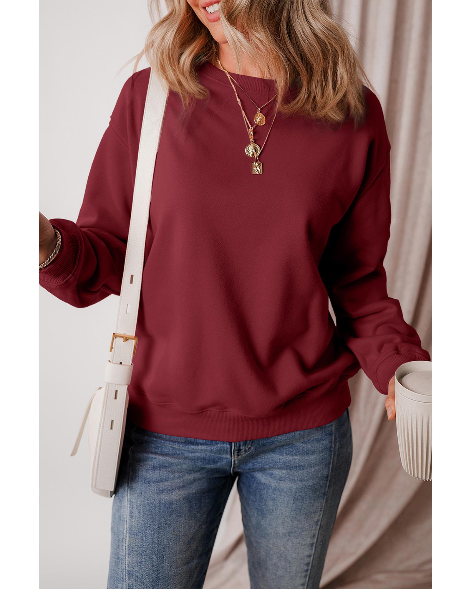 Burgundy Solid Fleece Lined Drop Shoulder Terry Sweatshirt - Image 4