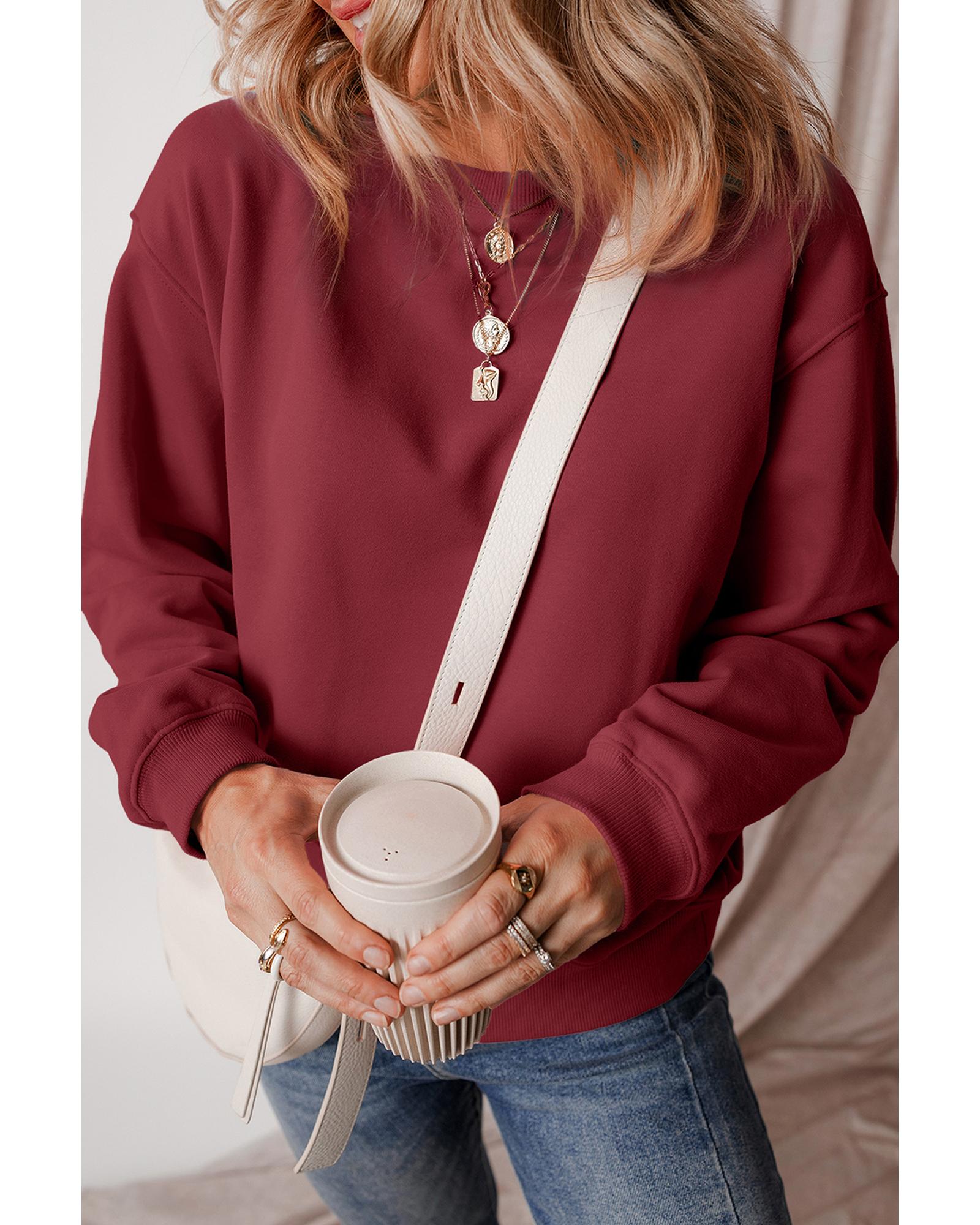 Burgundy Solid Fleece Lined Drop Shoulder Terry Sweatshirt - Image 6