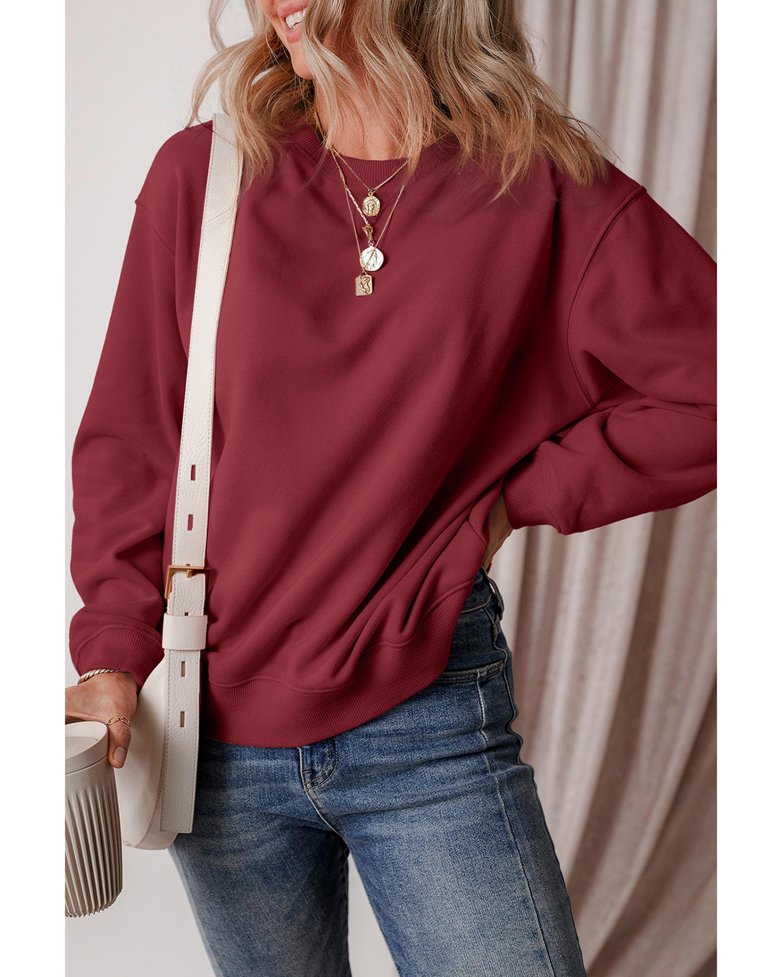 Burgundy Solid Fleece Lined Drop Shoulder Terry Sweatshirt - Image 7