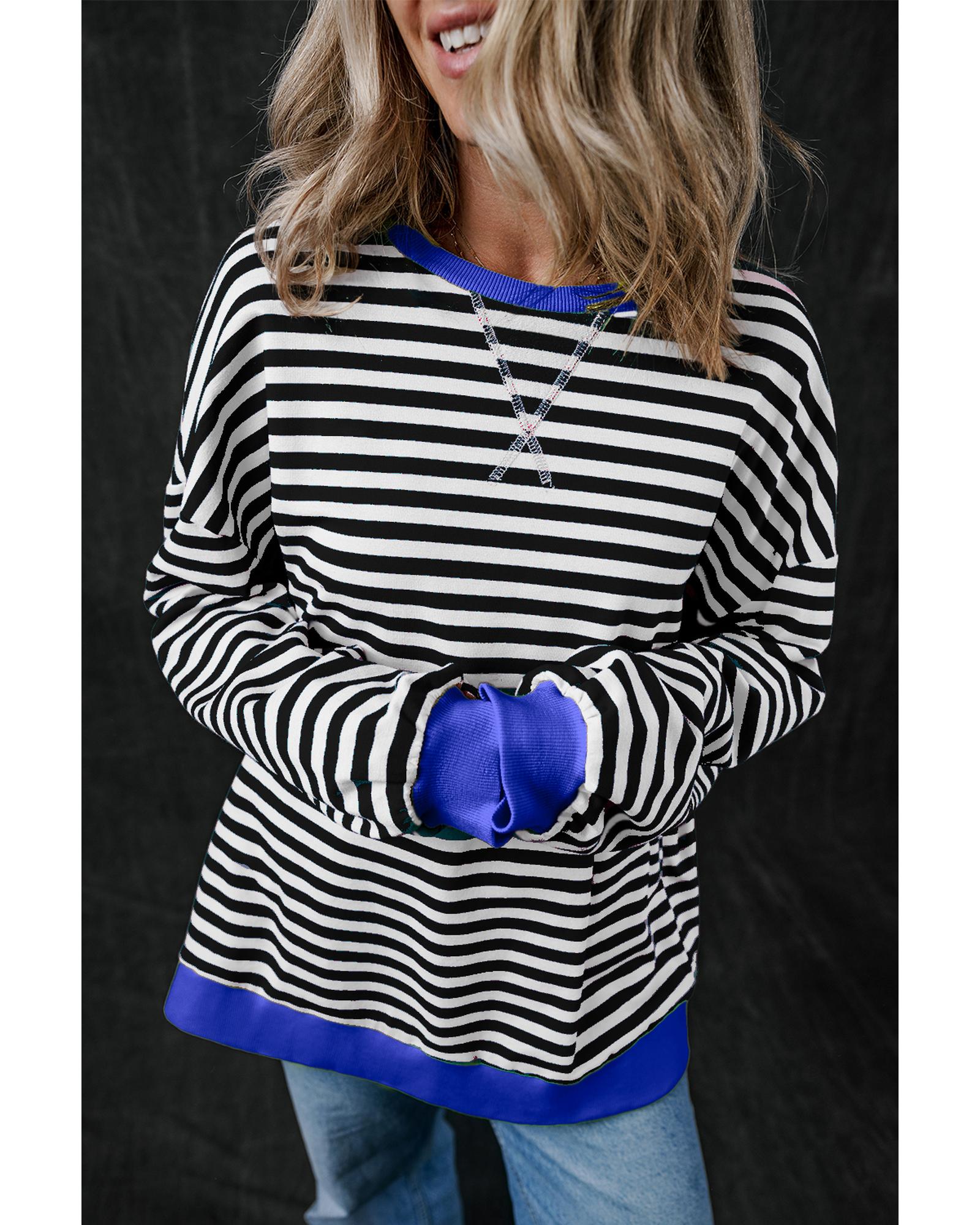 Black Stripe Oversized Contrast Trim Pullover Sweatshirt - Image 2