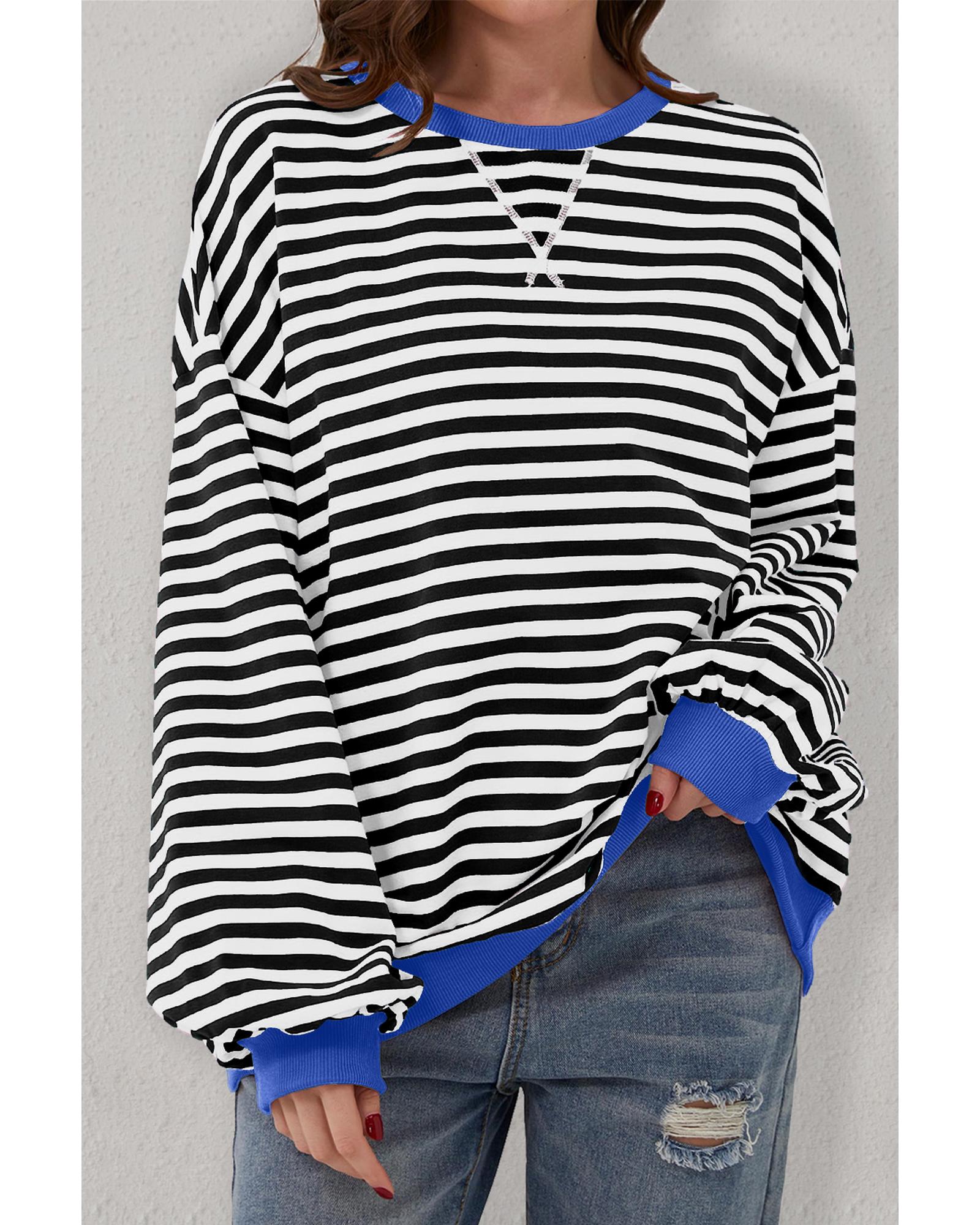 Black Stripe Oversized Contrast Trim Pullover Sweatshirt - Image 3