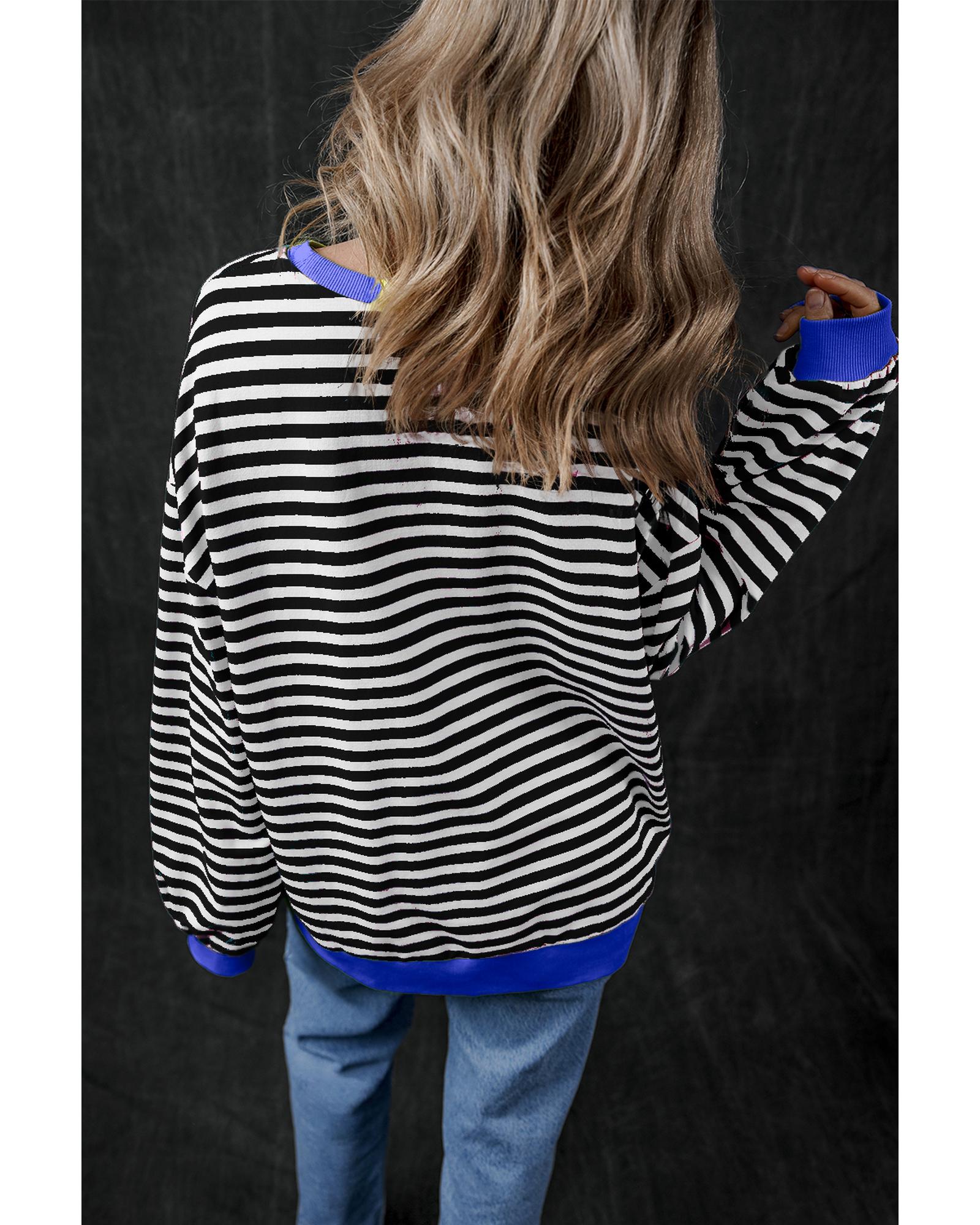 Black Stripe Oversized Contrast Trim Pullover Sweatshirt - Image 4