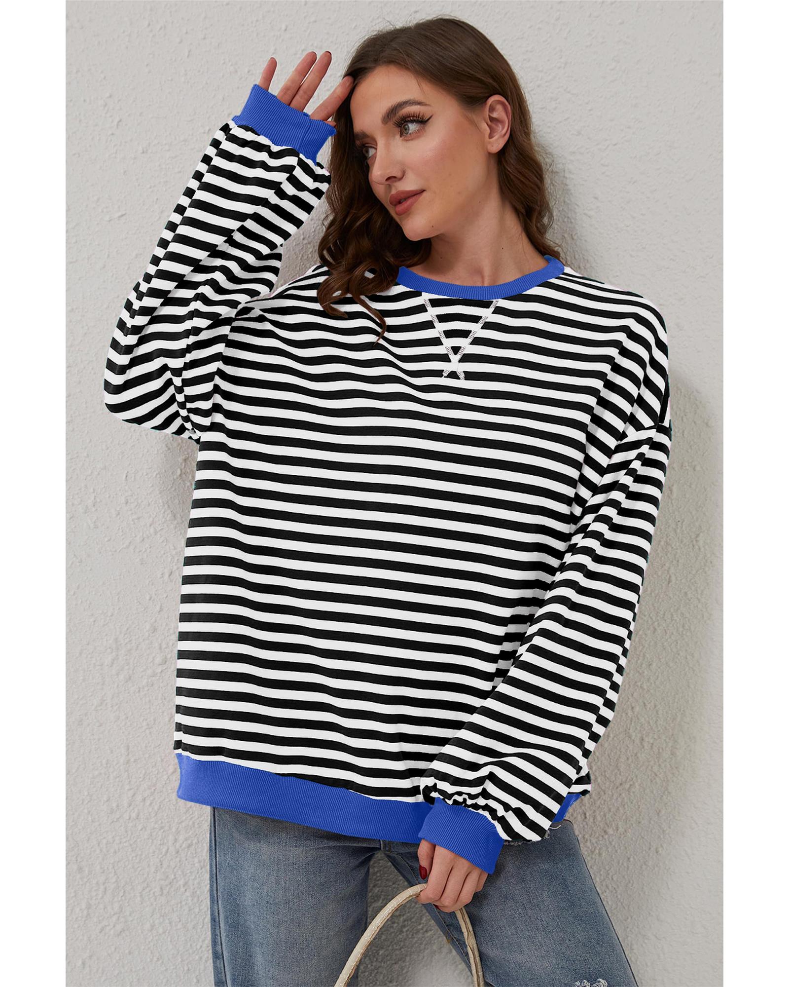 Black Stripe Oversized Contrast Trim Pullover Sweatshirt - Image 5