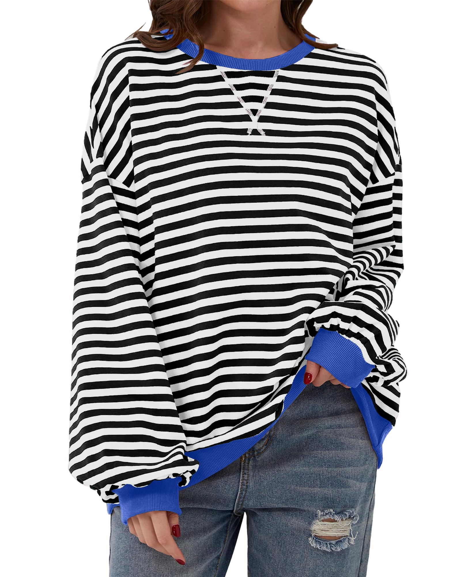 Black Stripe Oversized Contrast Trim Pullover Sweatshirt - Image 6
