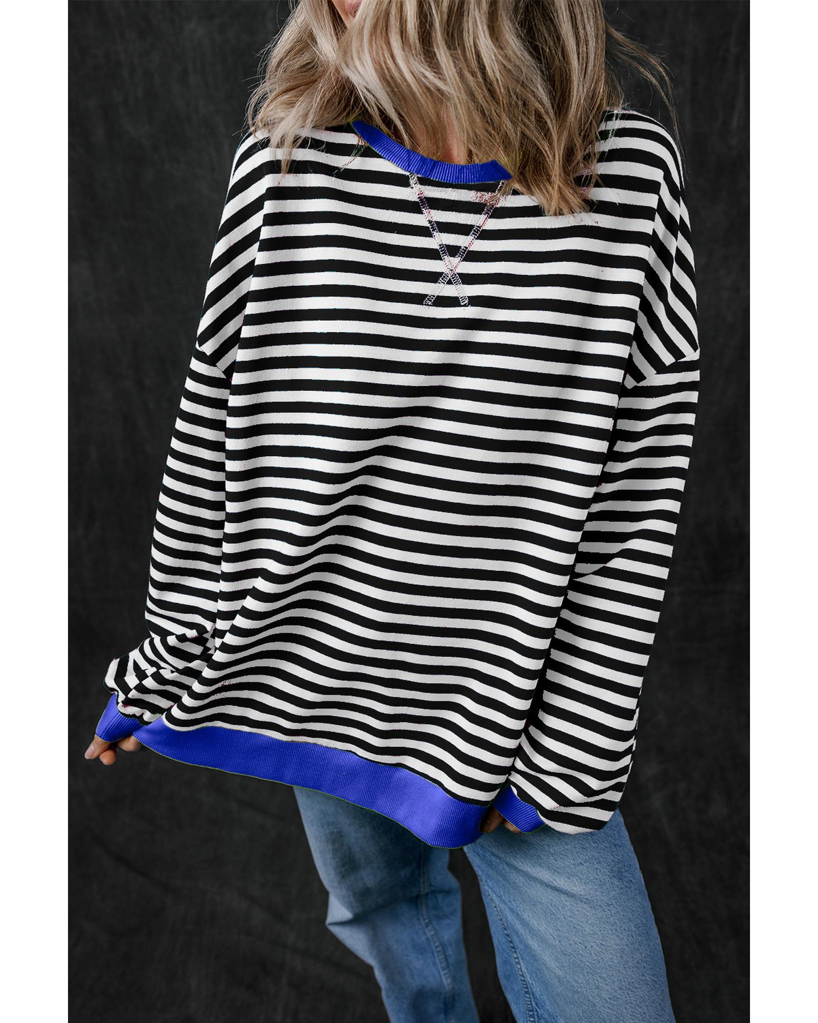 Black Stripe Oversized Contrast Trim Pullover Sweatshirt - Image 7