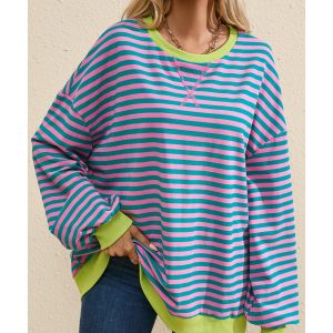 Green Stripe Oversized Contrast Trim Pullover Sweatshirt