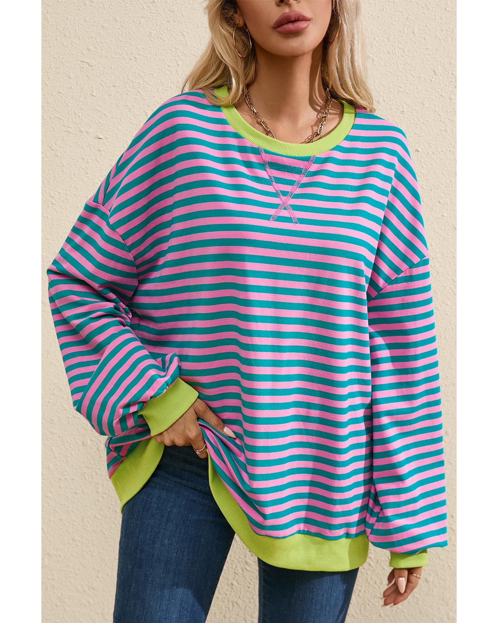Green Stripe Oversized Contrast Trim Pullover Sweatshirt