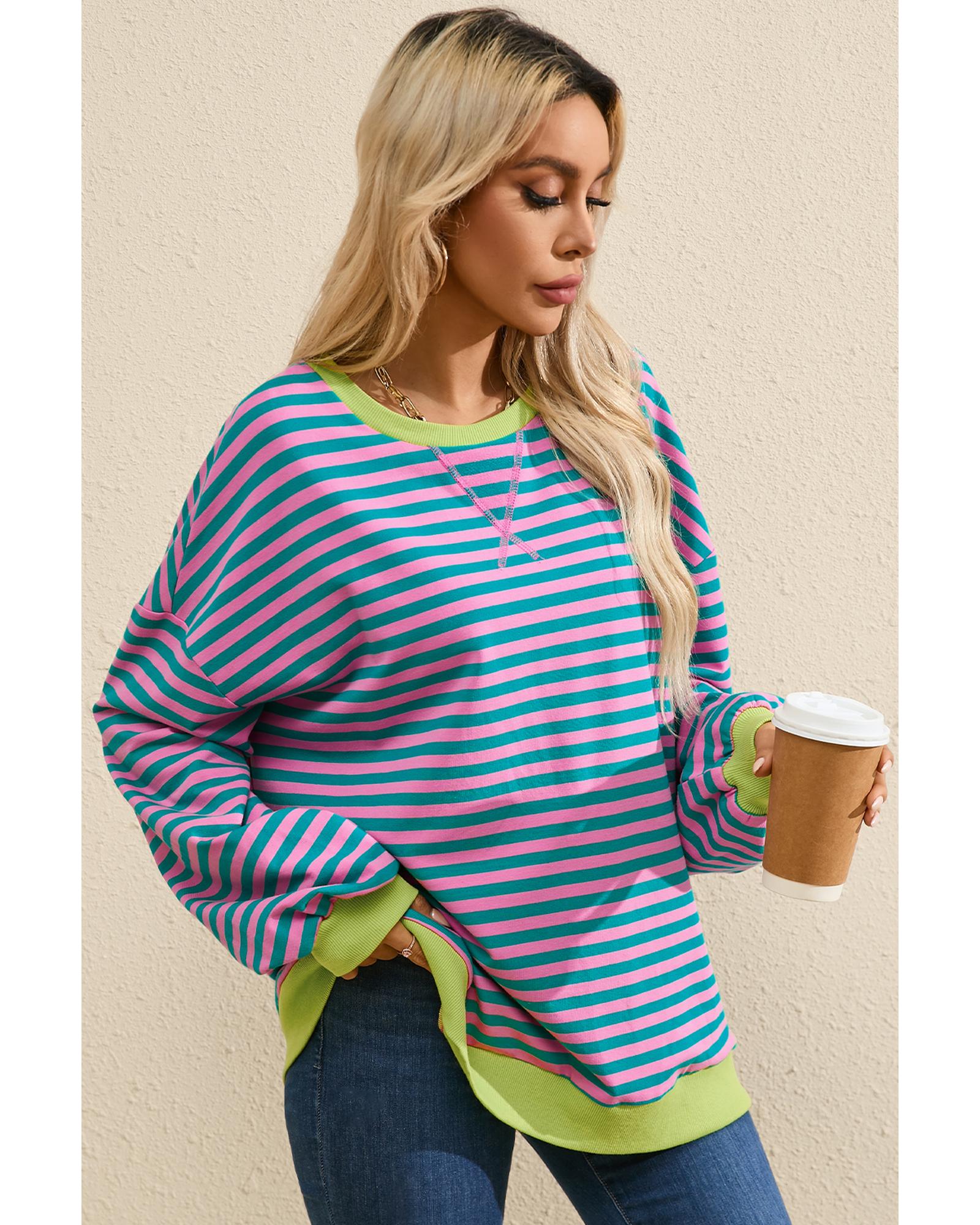 Green Stripe Oversized Contrast Trim Pullover Sweatshirt - Image 2