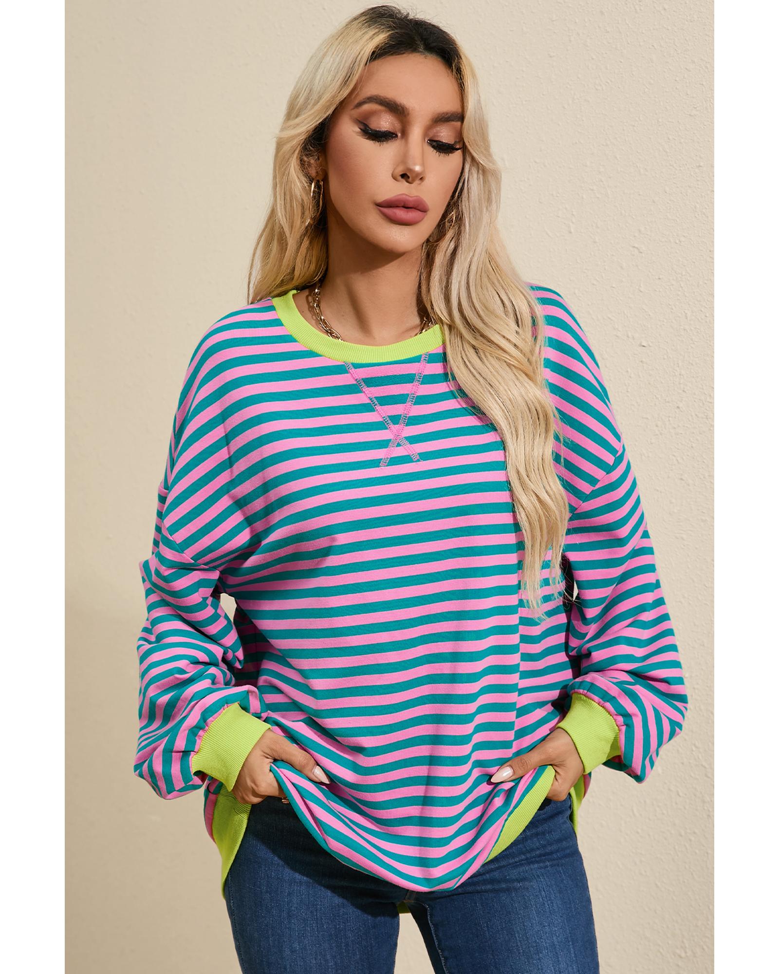 Green Stripe Oversized Contrast Trim Pullover Sweatshirt - Image 3