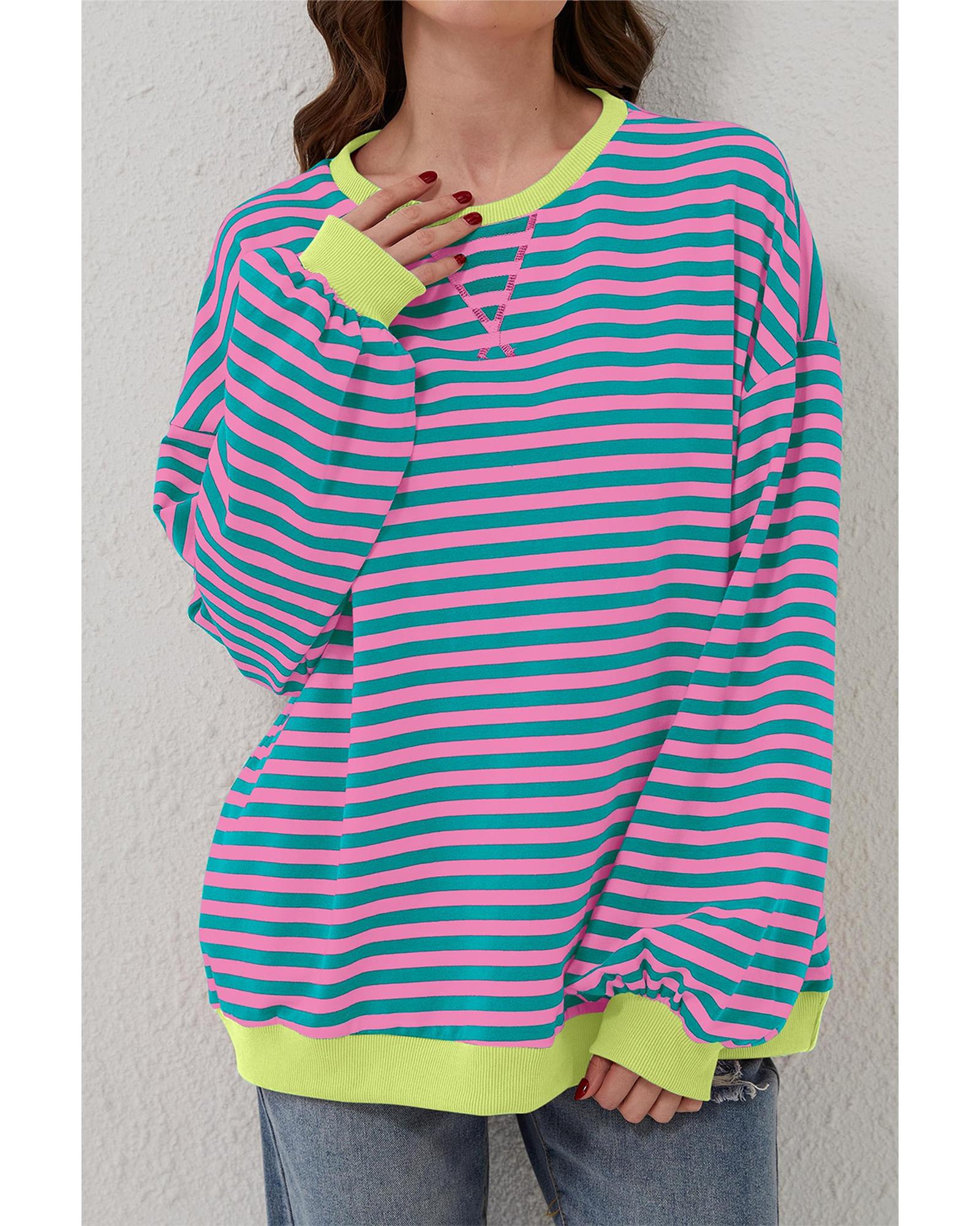 Green Stripe Oversized Contrast Trim Pullover Sweatshirt - Image 4