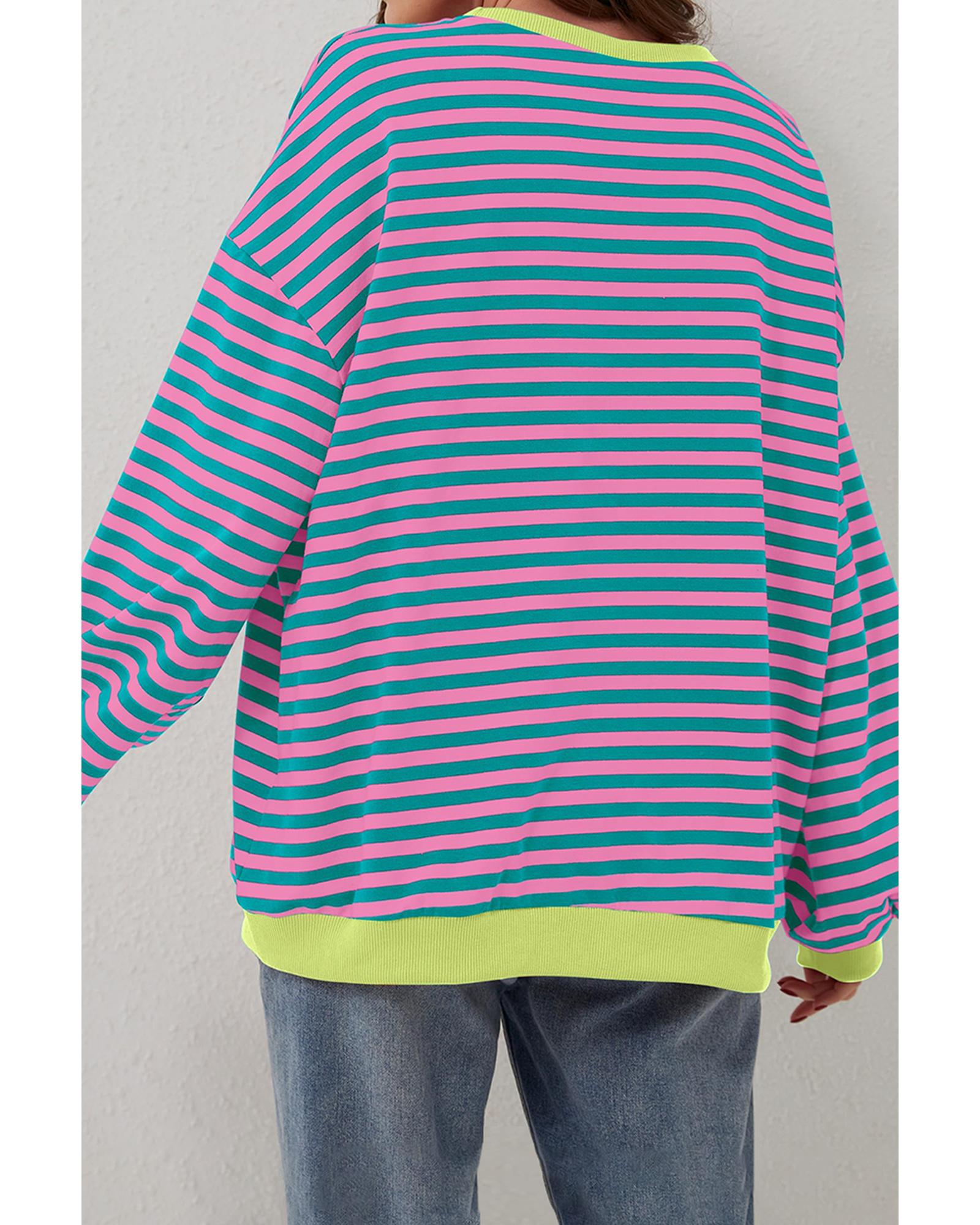 Green Stripe Oversized Contrast Trim Pullover Sweatshirt - Image 5