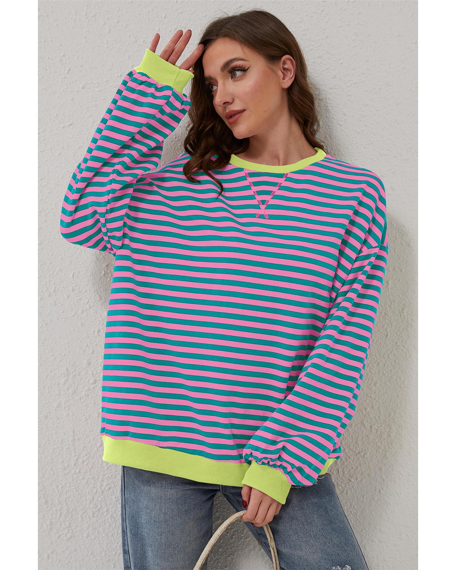 Green Stripe Oversized Contrast Trim Pullover Sweatshirt - Image 6