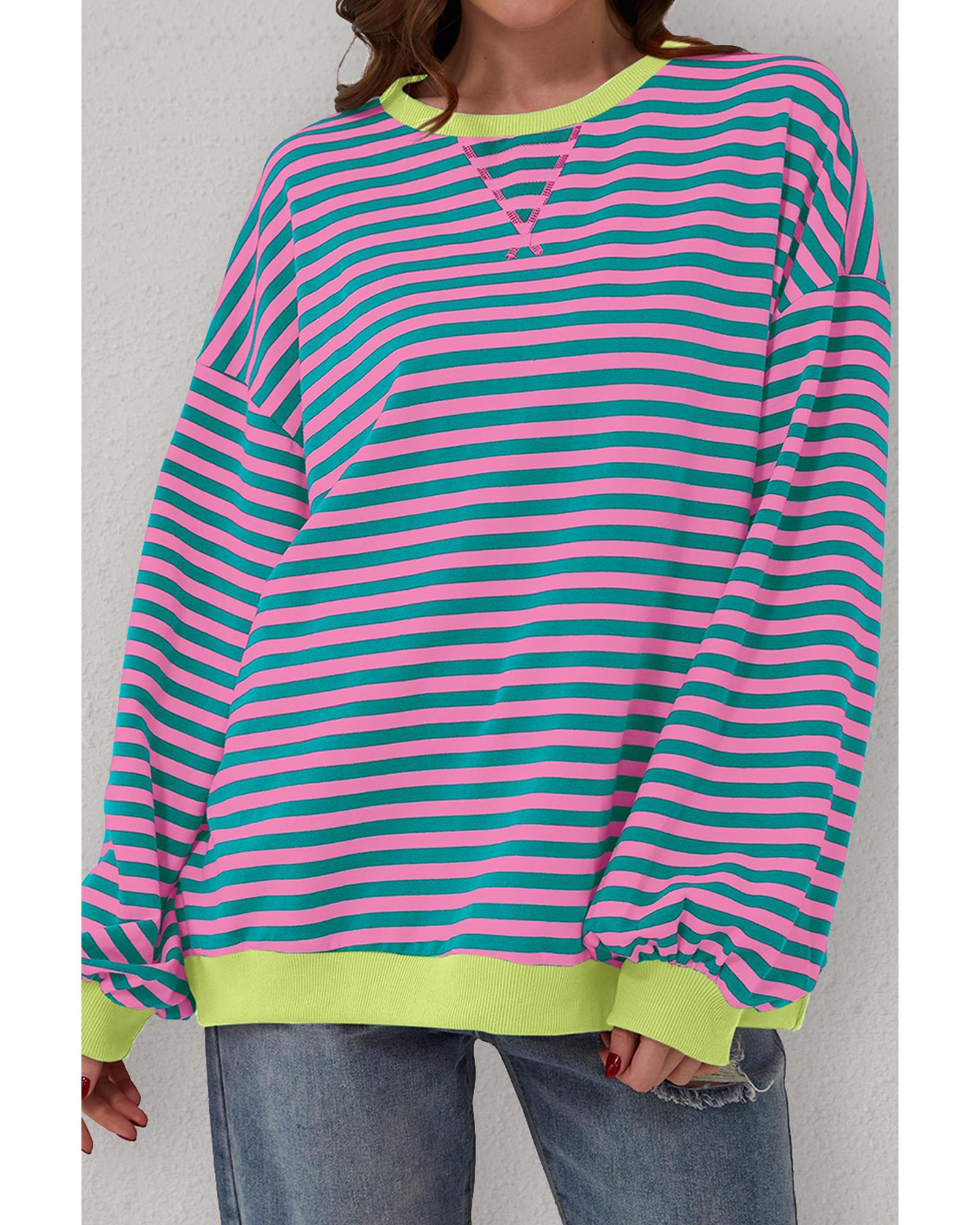 Green Stripe Oversized Contrast Trim Pullover Sweatshirt - Image 7
