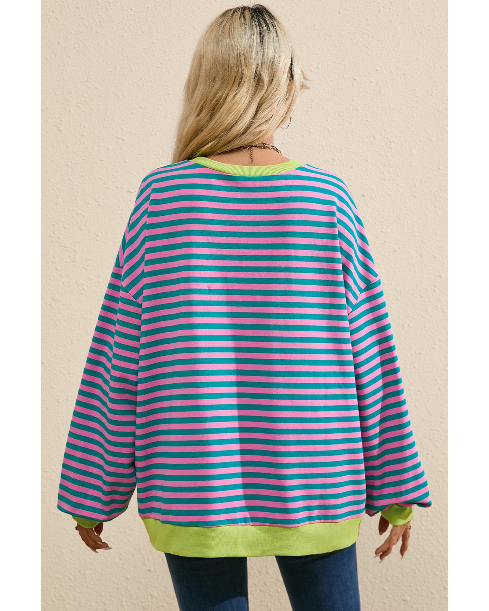 Green Stripe Oversized Contrast Trim Pullover Sweatshirt - Image 8
