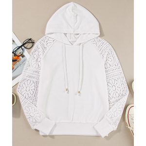 White Lace Patchwork Sleeve Drawstring Hoodie