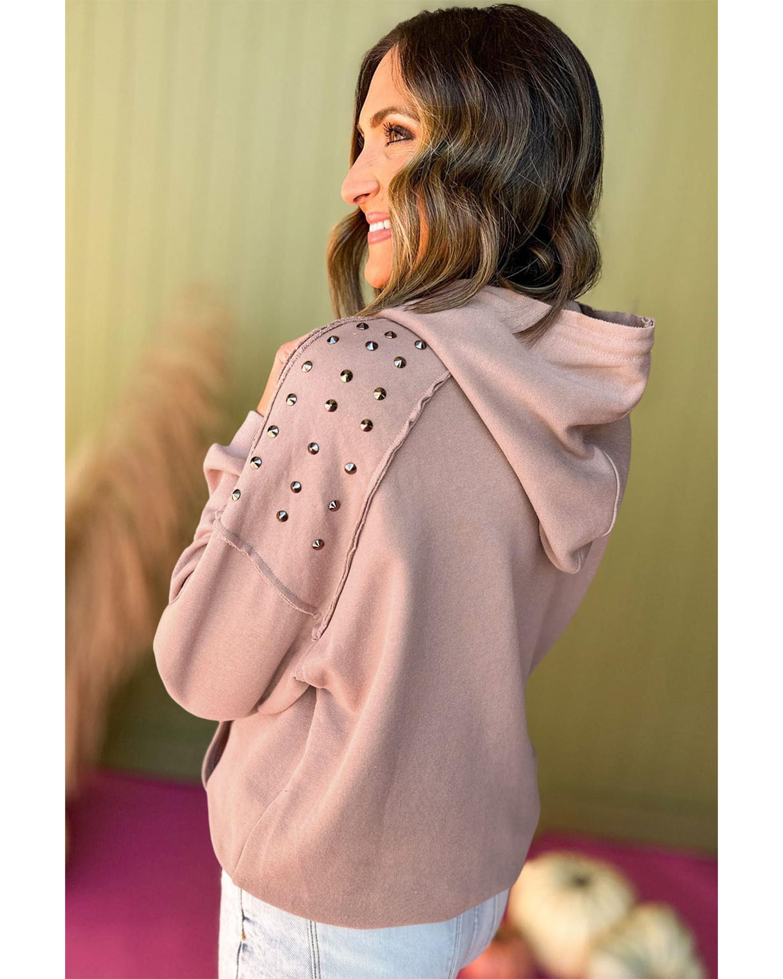 Fushia Solid Color Rivet Stud Raglan Sleeve Hoodie with Pocket