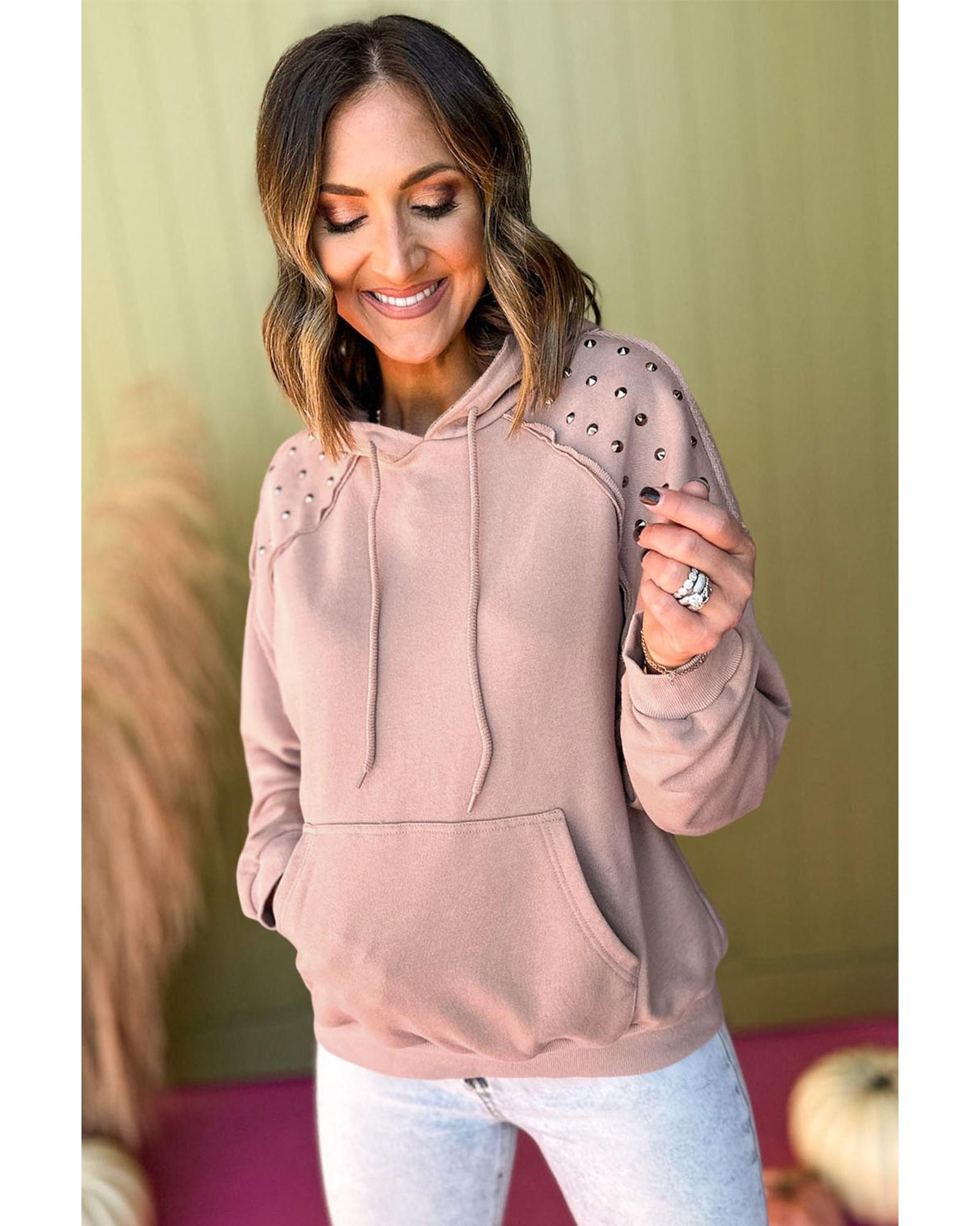 Fushia Solid Color Rivet Stud Raglan Sleeve Hoodie with Pocket - Image 2
