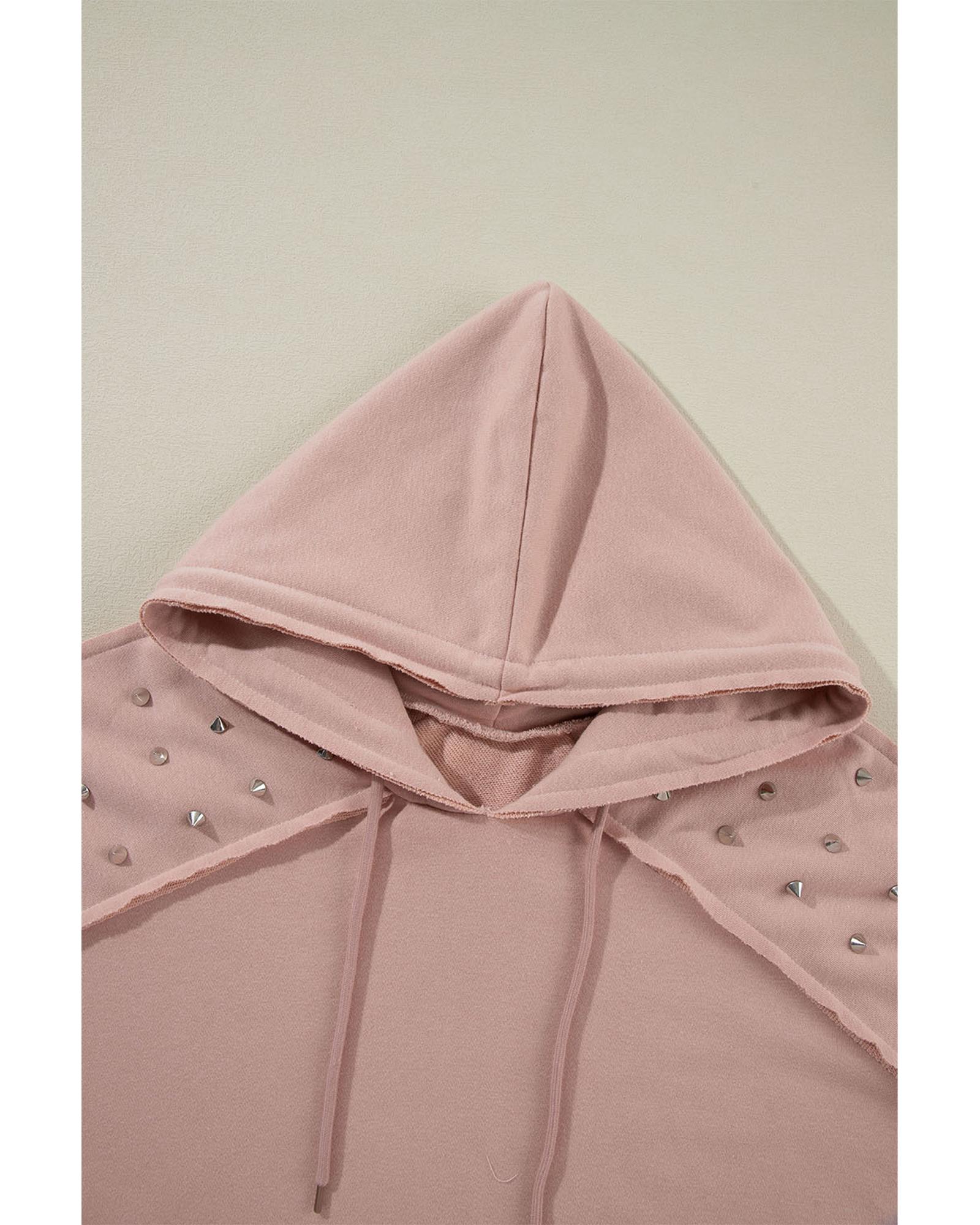 Fushia Solid Color Rivet Stud Raglan Sleeve Hoodie with Pocket - Image 3