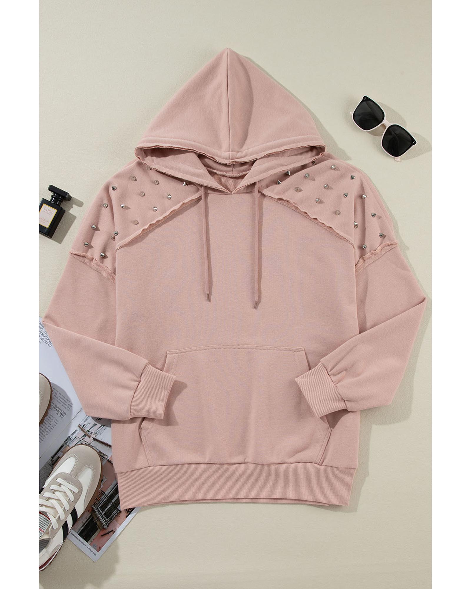 Fushia Solid Color Rivet Stud Raglan Sleeve Hoodie with Pocket - Image 4