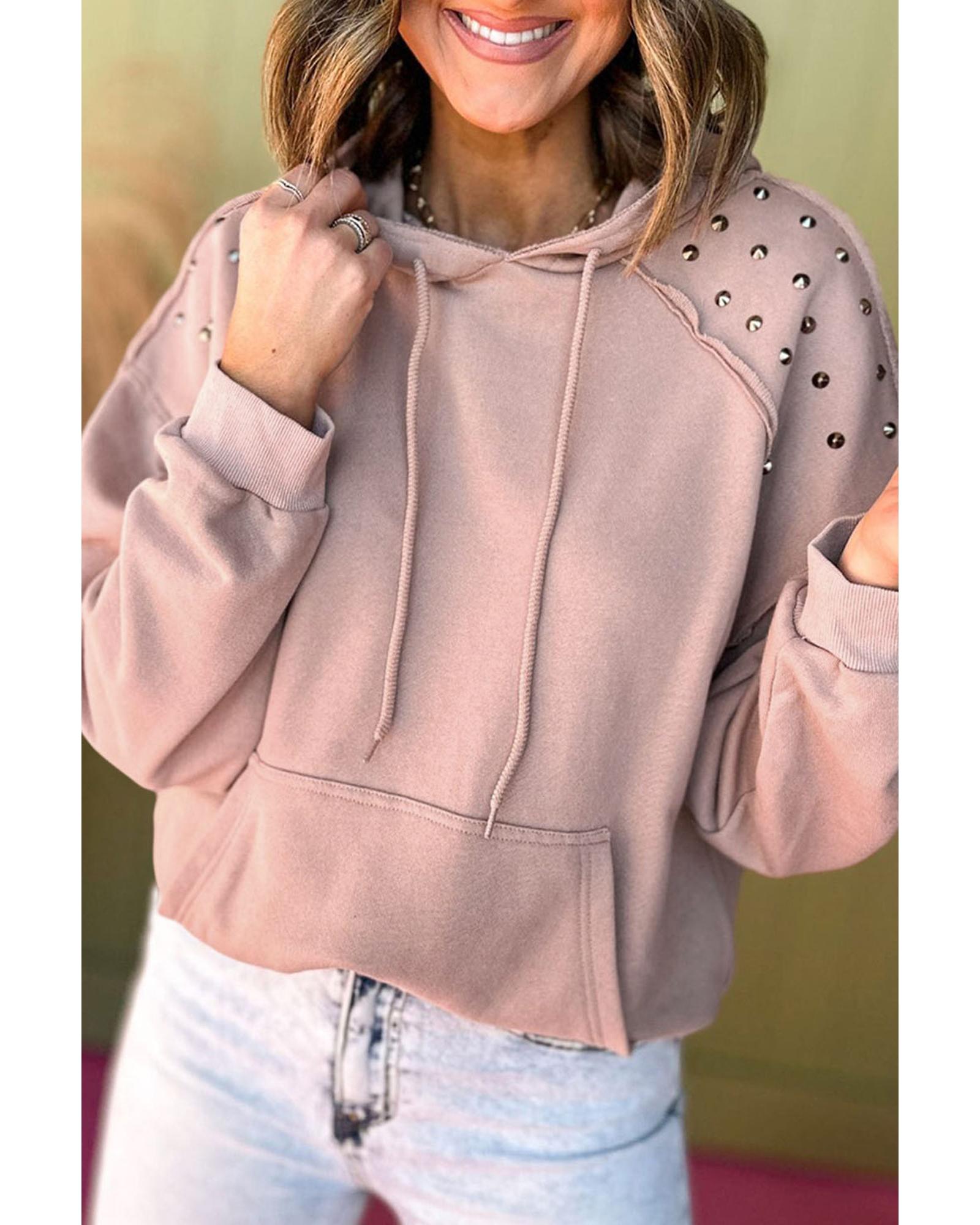 Fushia Solid Color Rivet Stud Raglan Sleeve Hoodie with Pocket - Image 7