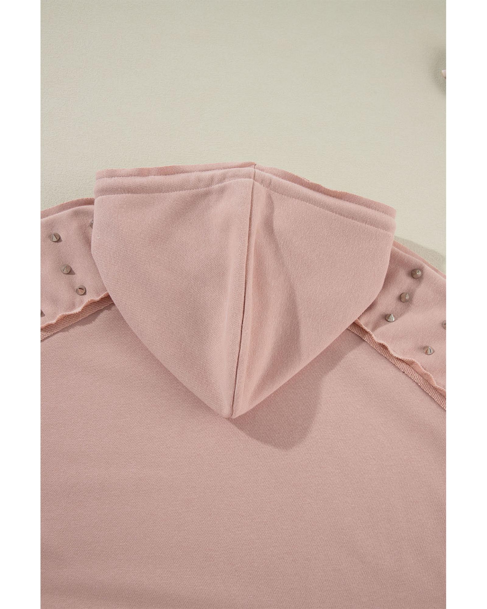 Fushia Solid Color Rivet Stud Raglan Sleeve Hoodie with Pocket - Image 8