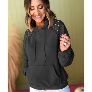 Black Solid Color Rivet Stud Raglan Sleeve Hoodie with Pocket