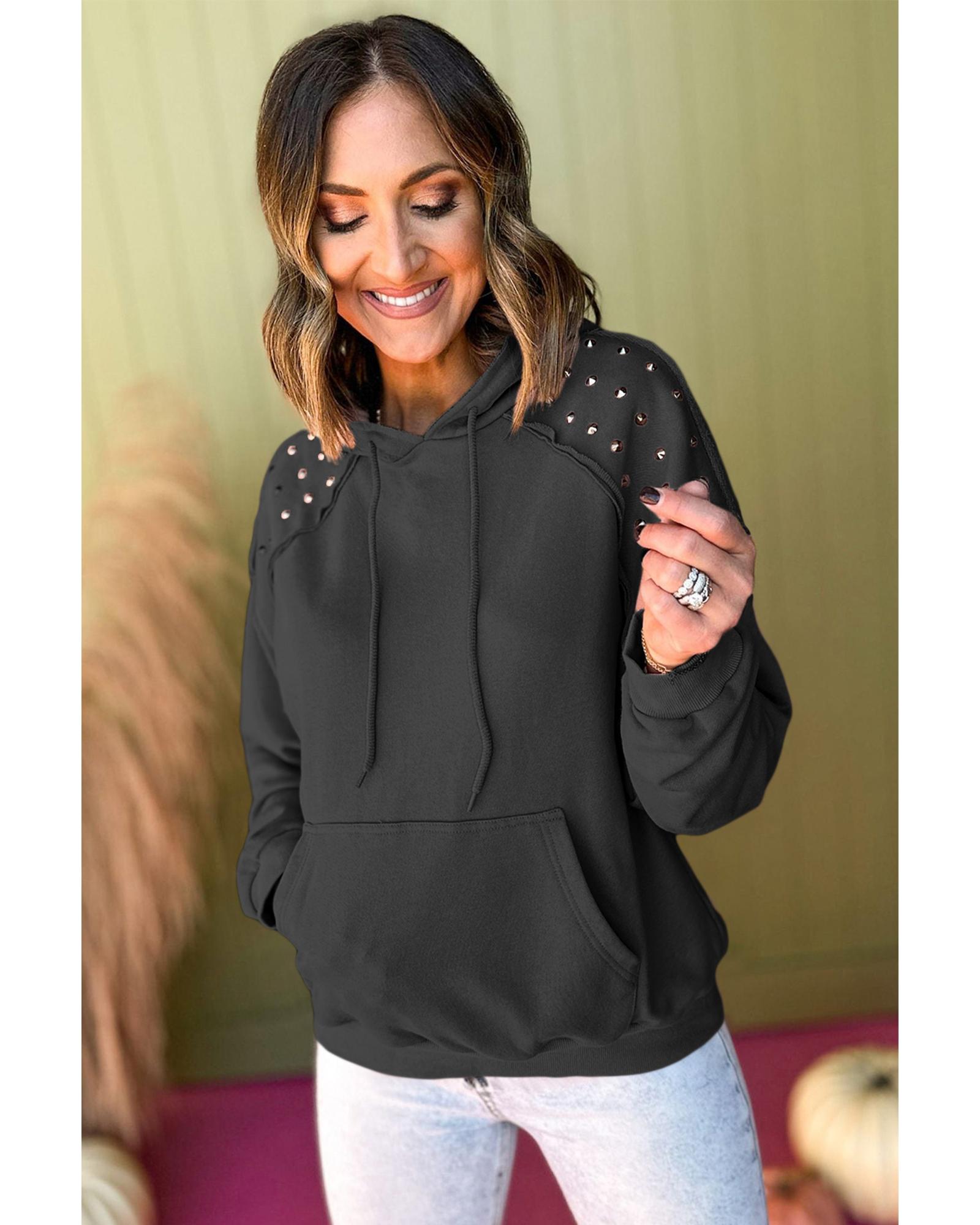 Black Solid Color Rivet Stud Raglan Sleeve Hoodie with Pocket
