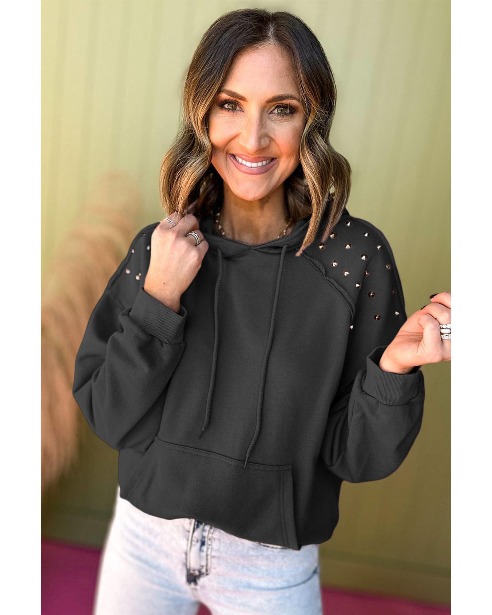 Black Solid Color Rivet Stud Raglan Sleeve Hoodie with Pocket - Image 2