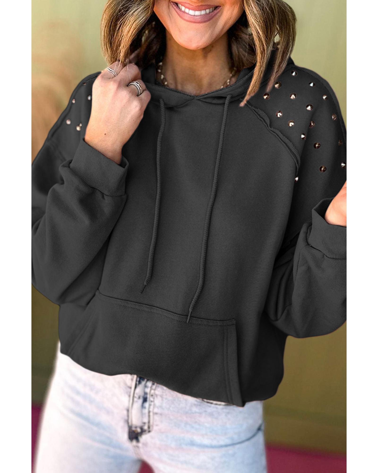 Black Solid Color Rivet Stud Raglan Sleeve Hoodie with Pocket - Image 5