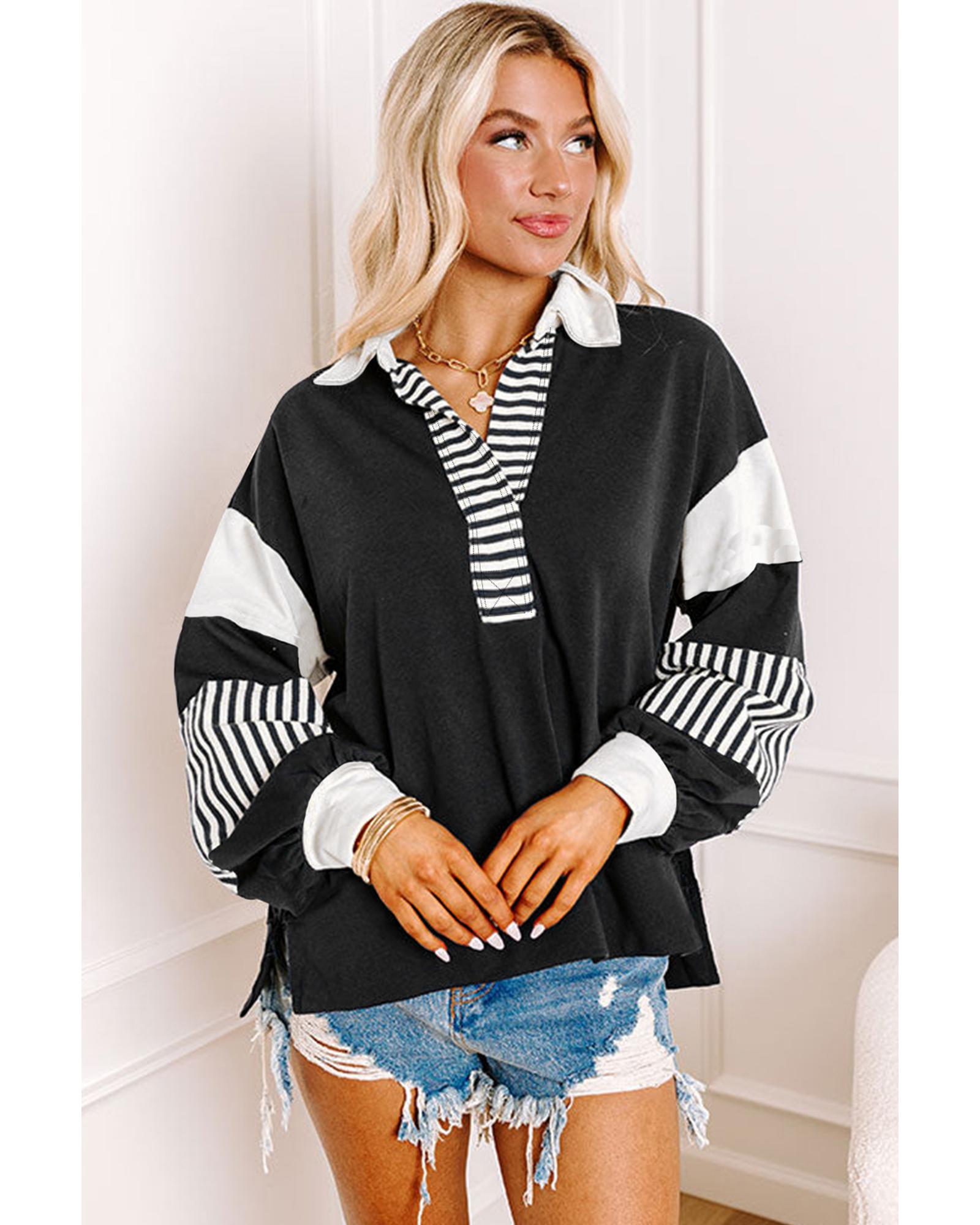 Black Striped Colorblock Patchwork Collar Sweatshirt - Image 2
