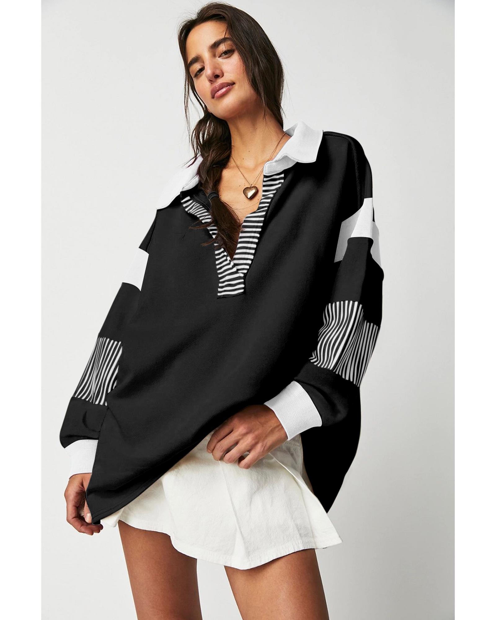 Black Striped Colorblock Patchwork Collar Sweatshirt - Image 4