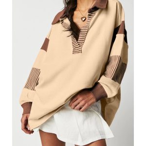 Light French Beige Striped Colorblock Patchwork Collar Sweatshirt