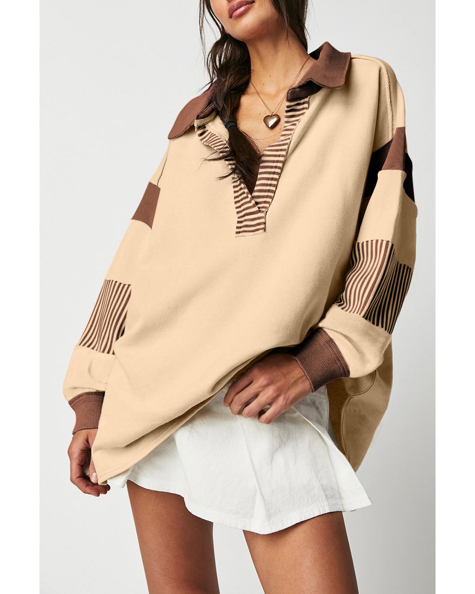 Light French Beige Striped Colorblock Patchwork Collar Sweatshirt