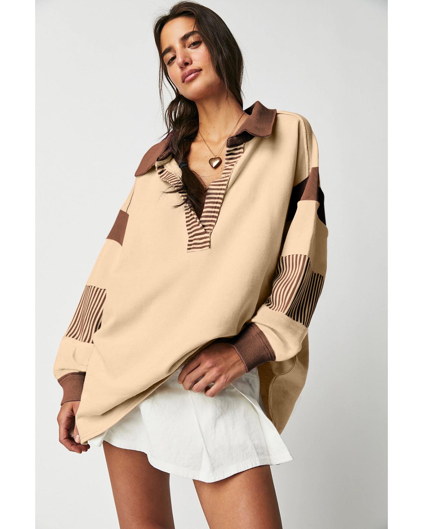 Light French Beige Striped Colorblock Patchwork Collar Sweatshirt - Image 3