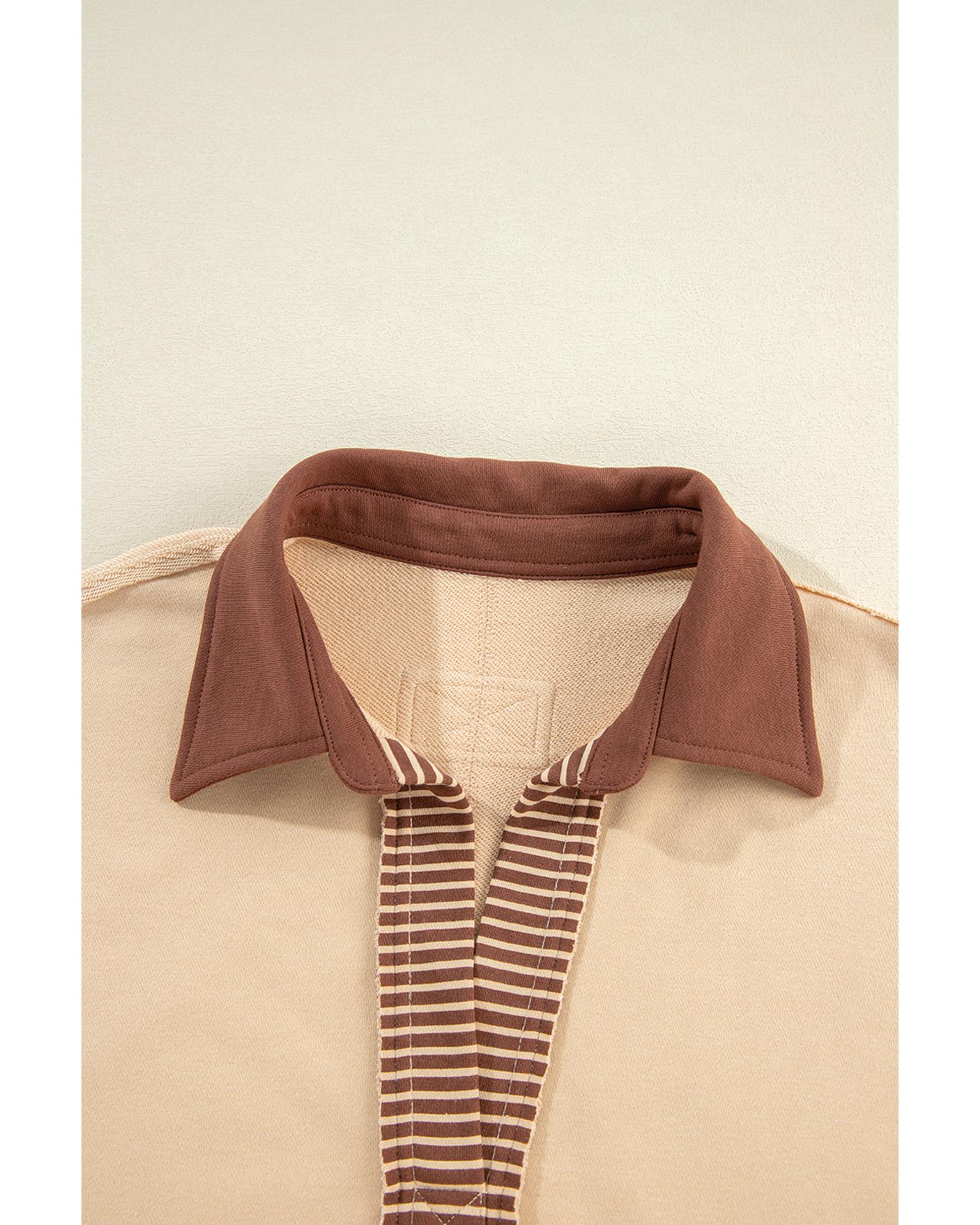 Light French Beige Striped Colorblock Patchwork Collar Sweatshirt - Image 6