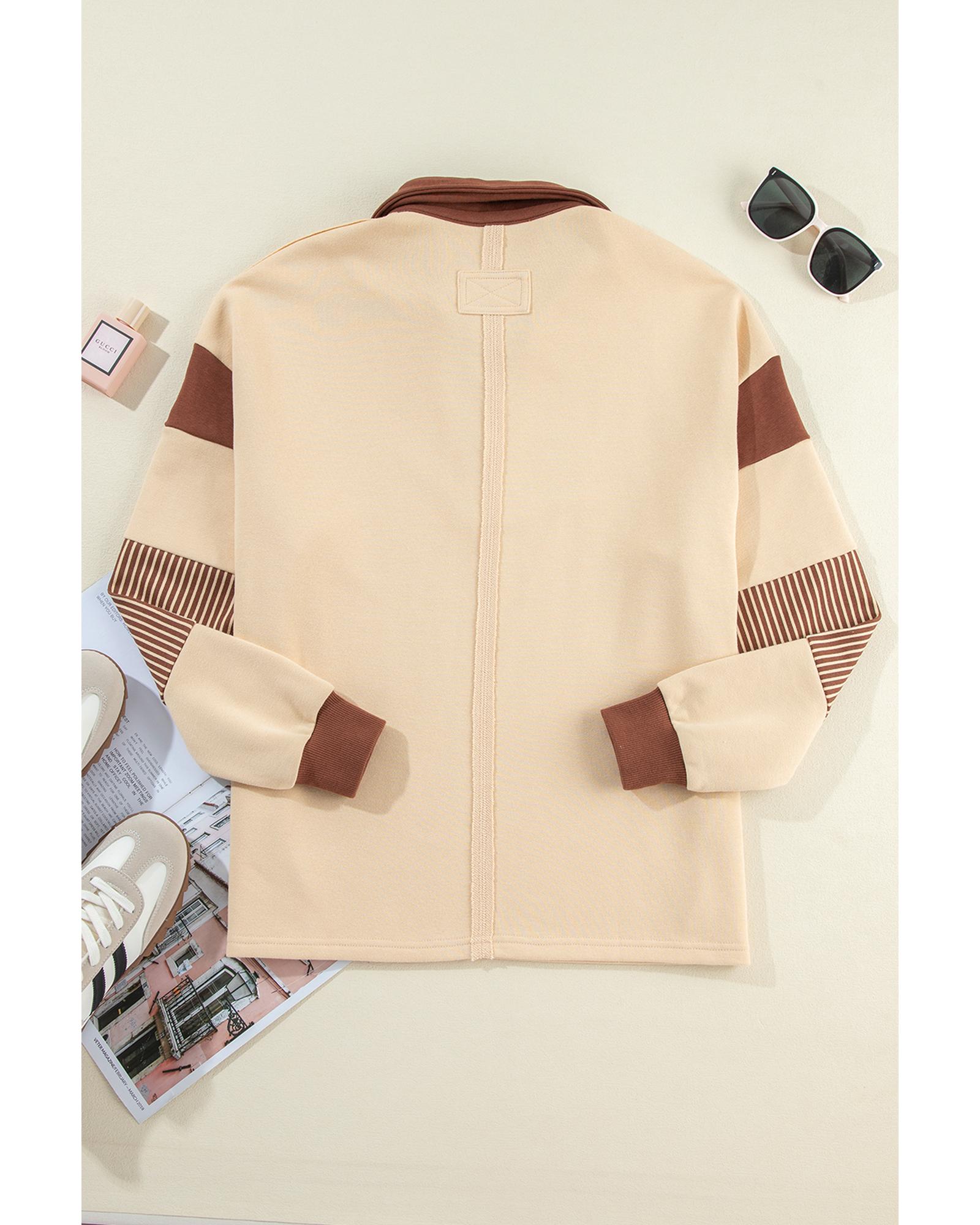 Light French Beige Striped Colorblock Patchwork Collar Sweatshirt - Image 7