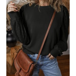 Black Textured Patchwork Round Neck Sweatshirt