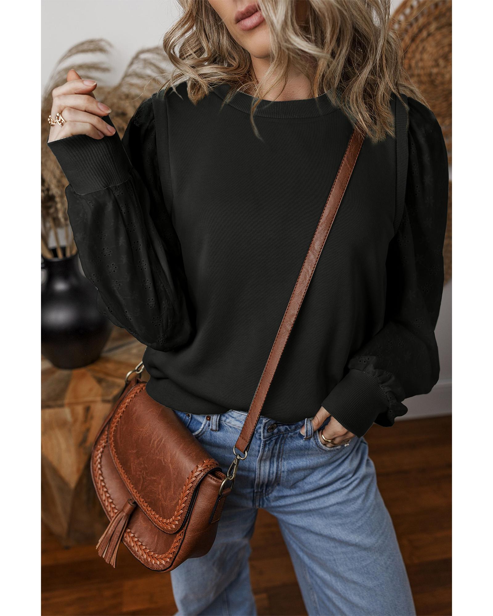Black Textured Patchwork Round Neck Sweatshirt