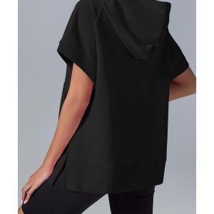 Black Half Zipper Kangaroo Pocket Short Sleeve Hoodie