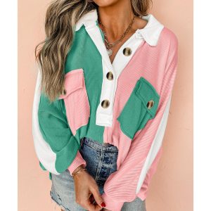 Pink Colorblock Ribbed Collared Oversized Sweatshirt