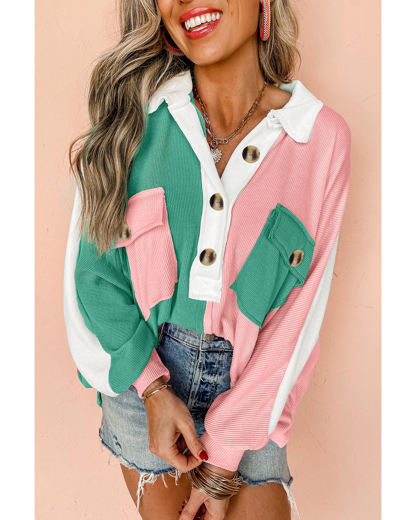 Pink Colorblock Ribbed Collared Oversized Sweatshirt