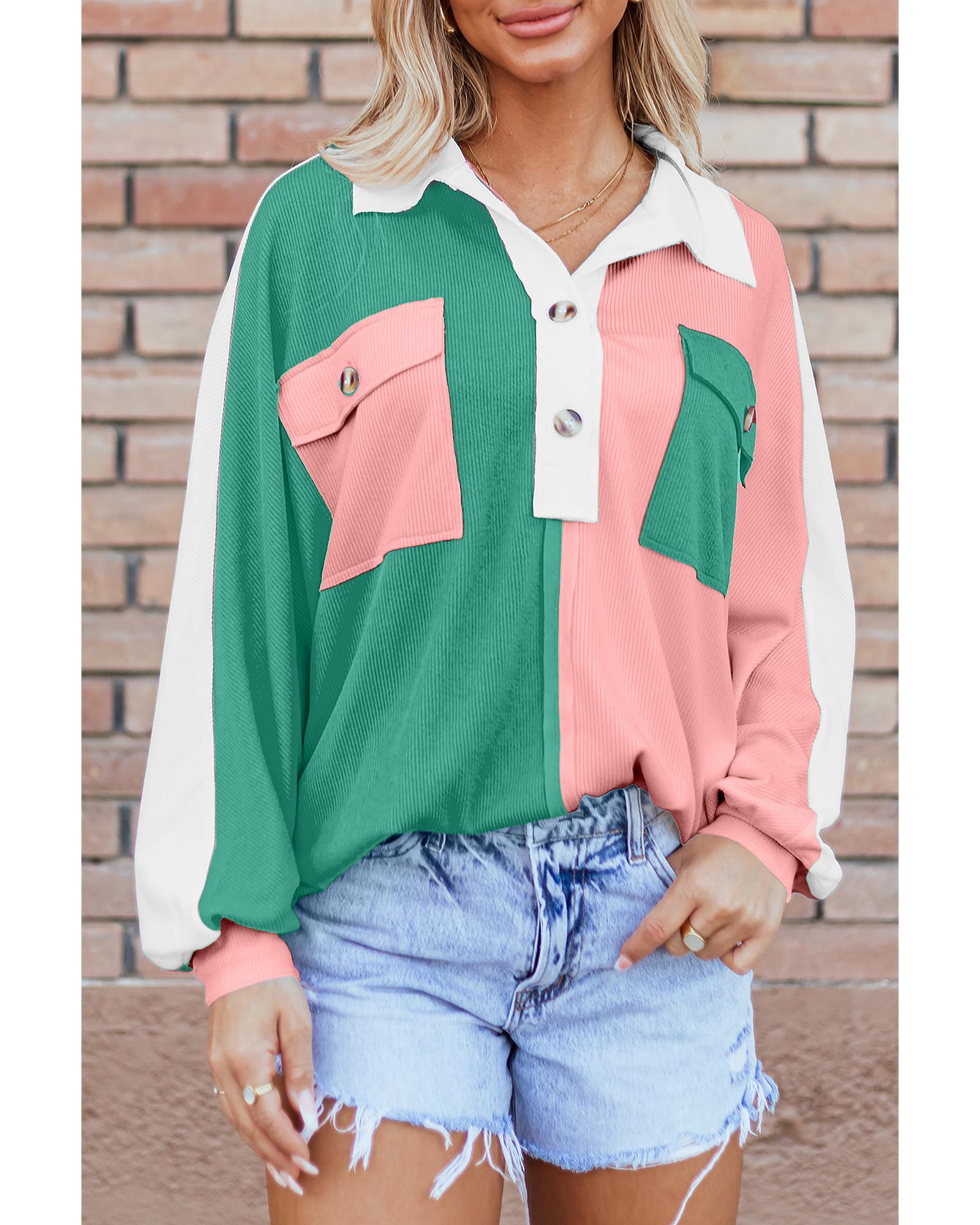 Pink Colorblock Ribbed Collared Oversized Sweatshirt - Image 2