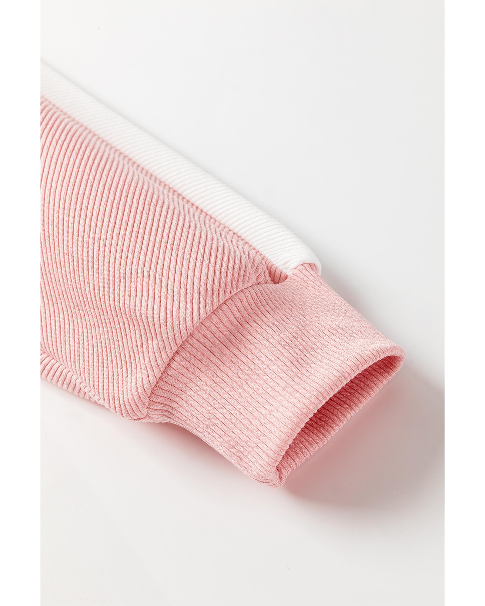 Pink Colorblock Ribbed Collared Oversized Sweatshirt - Image 3