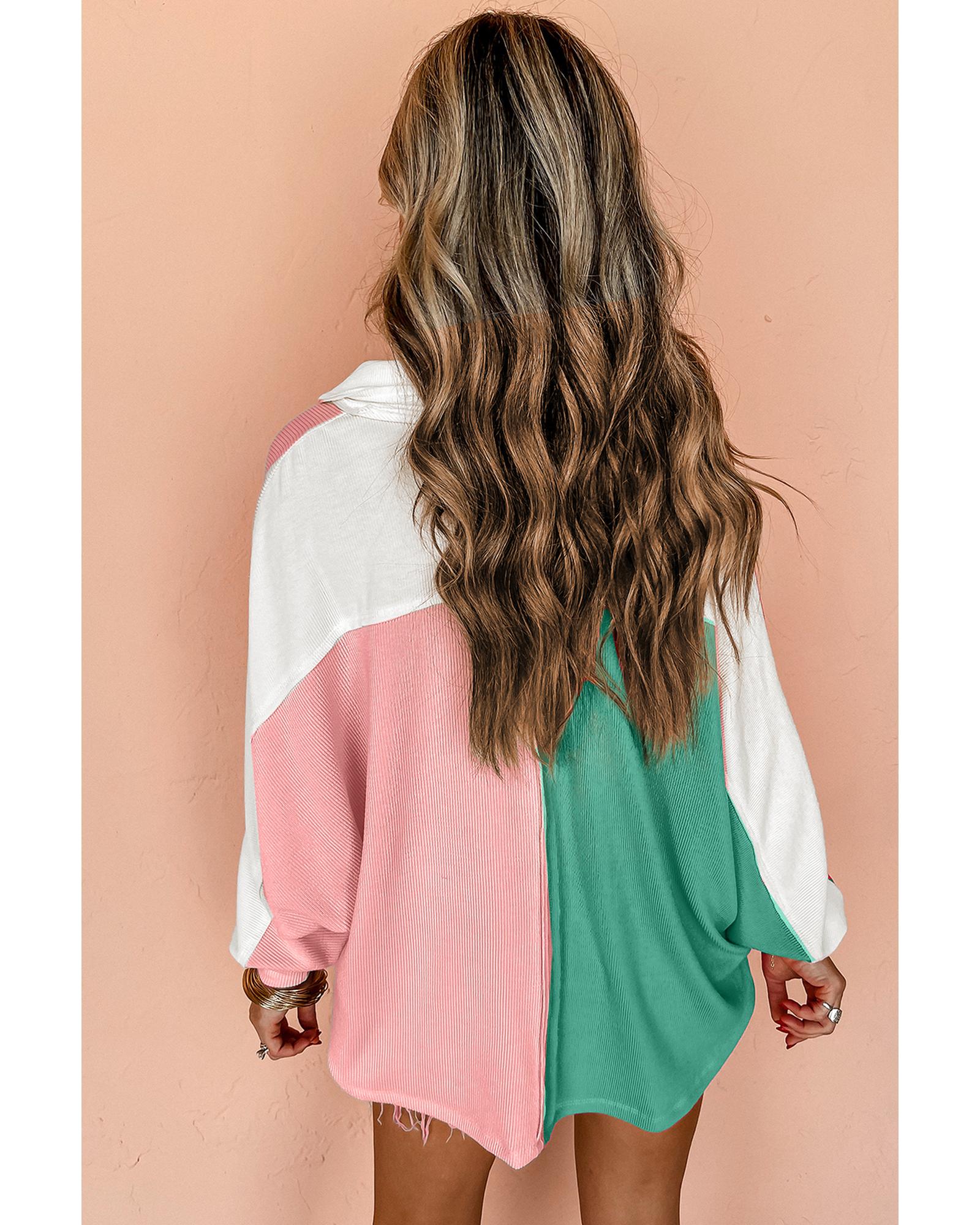 Pink Colorblock Ribbed Collared Oversized Sweatshirt - Image 4