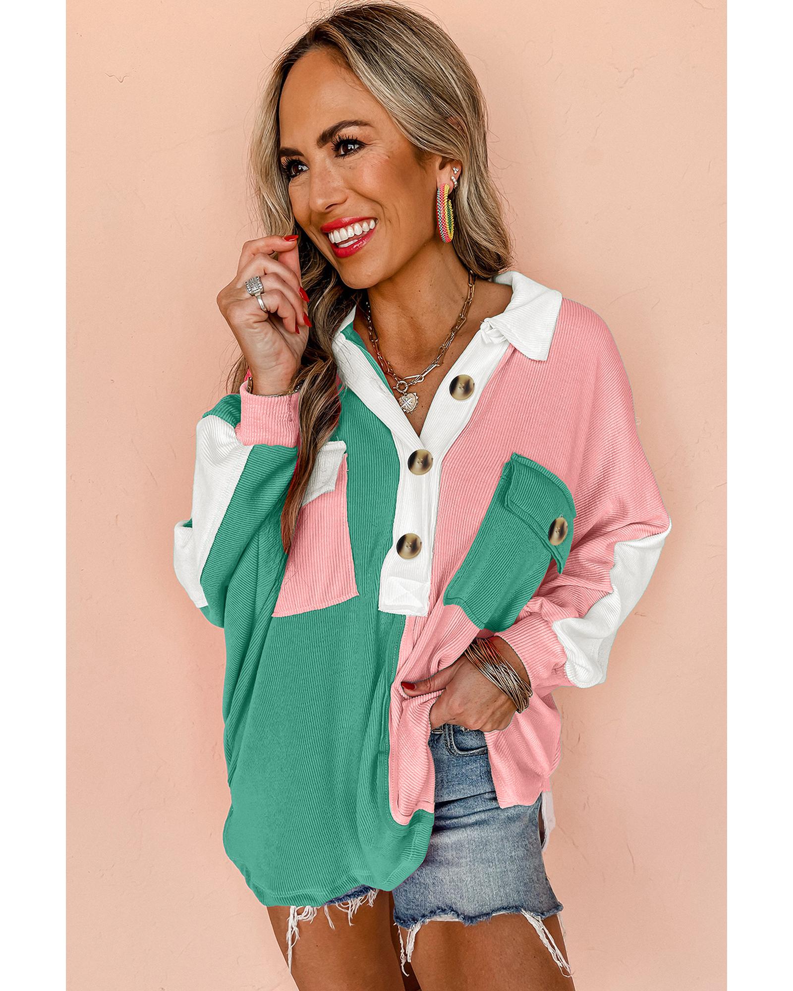 Pink Colorblock Ribbed Collared Oversized Sweatshirt - Image 6