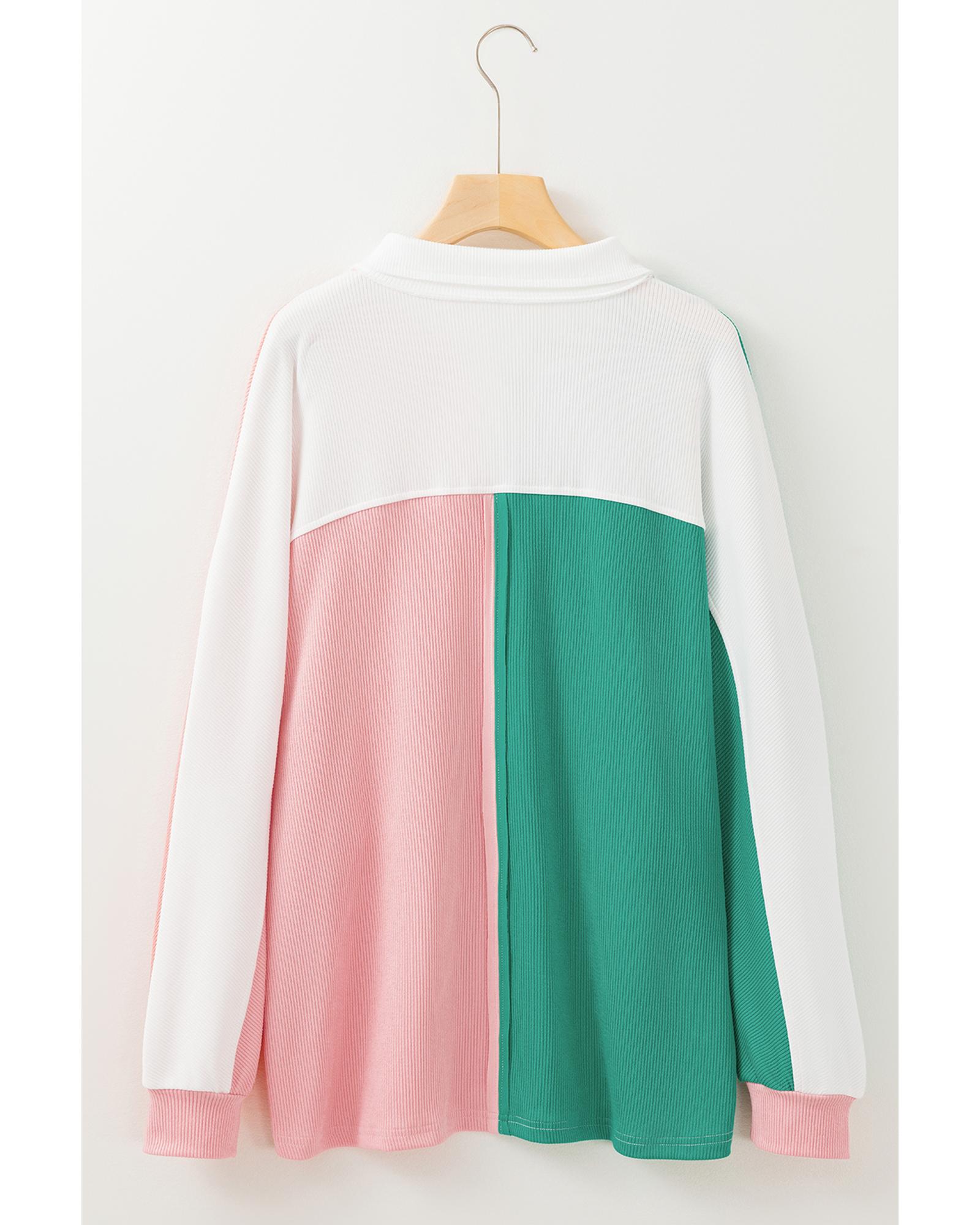 Pink Colorblock Ribbed Collared Oversized Sweatshirt - Image 7