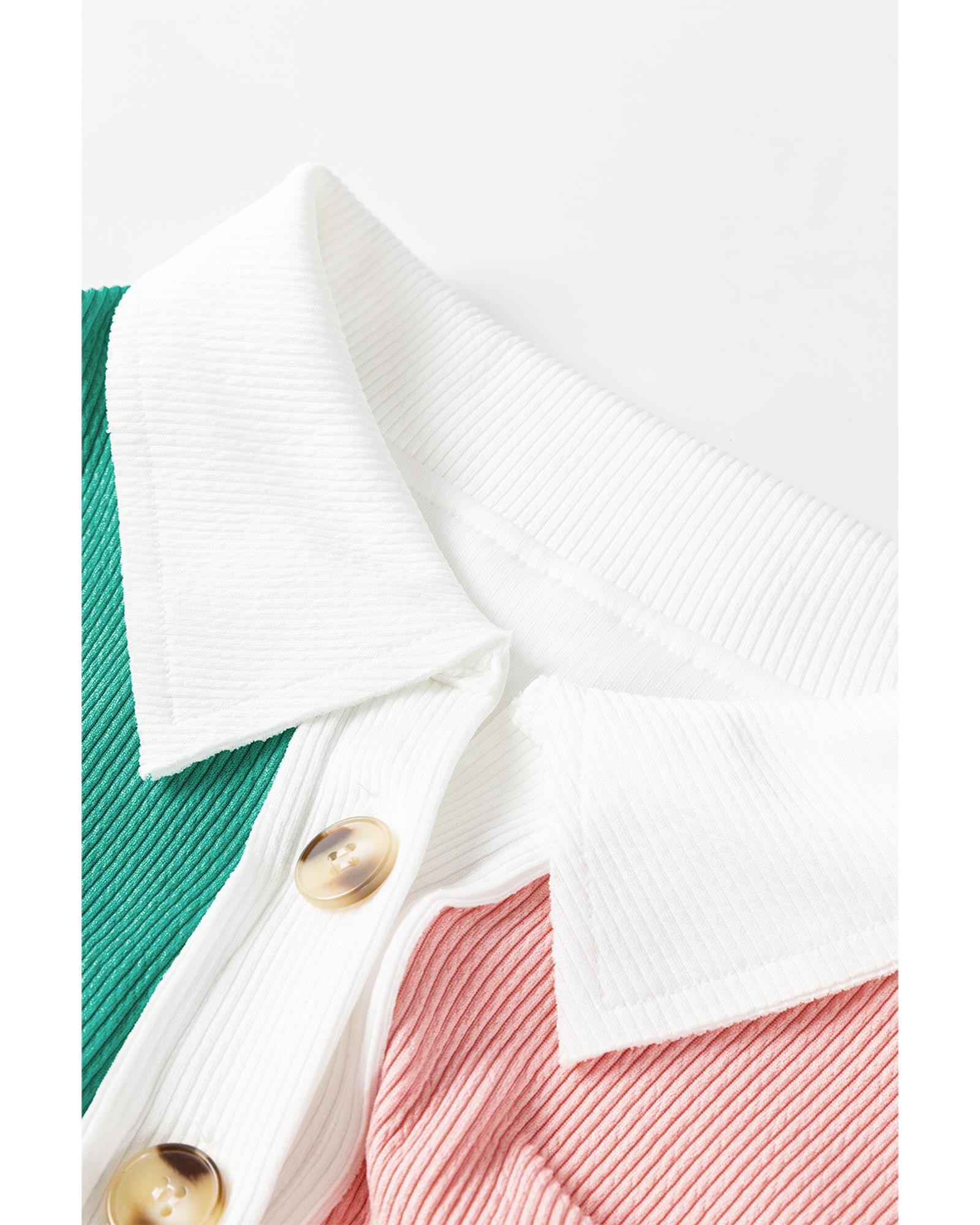 Pink Colorblock Ribbed Collared Oversized Sweatshirt - Image 8